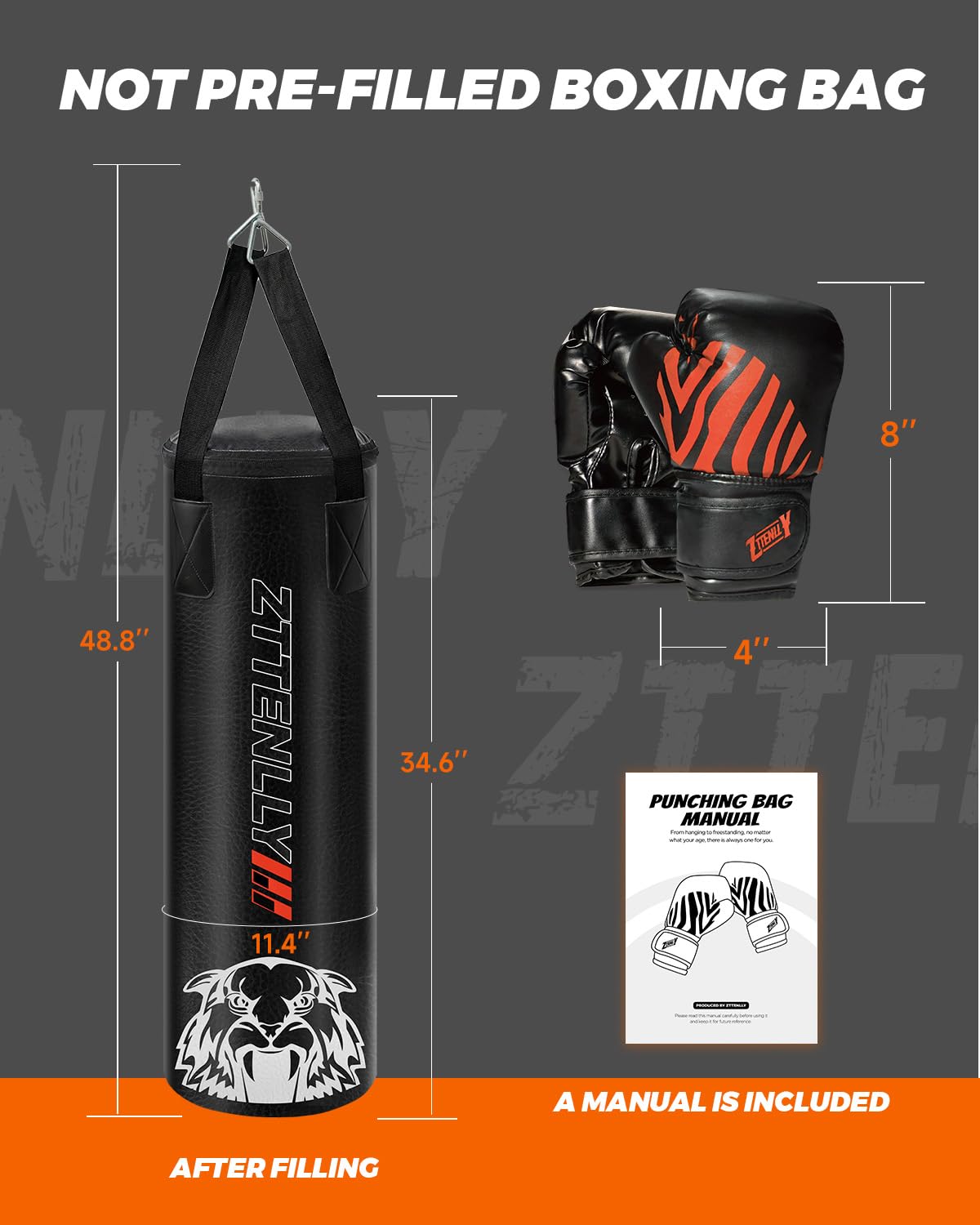 ZTTENLLY Kids Punching Bag with Gloves - PU Leather & Adjustable Height Strap - Boxing Bag Set for 3-8-14 Years Kids/Youth Great for Boxing, MMA, Kickboxing(Unfilled)