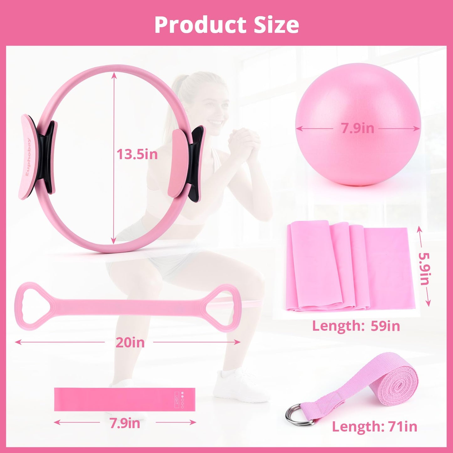 euphobay Pilates Essentials Kit for Women, Home Workout Pilates Kit with Ring, Mini Ball, Resistance Bands, Yoga Strap & More, Beginner Pilates Starter Kit for Toning, Strength & Flexibility