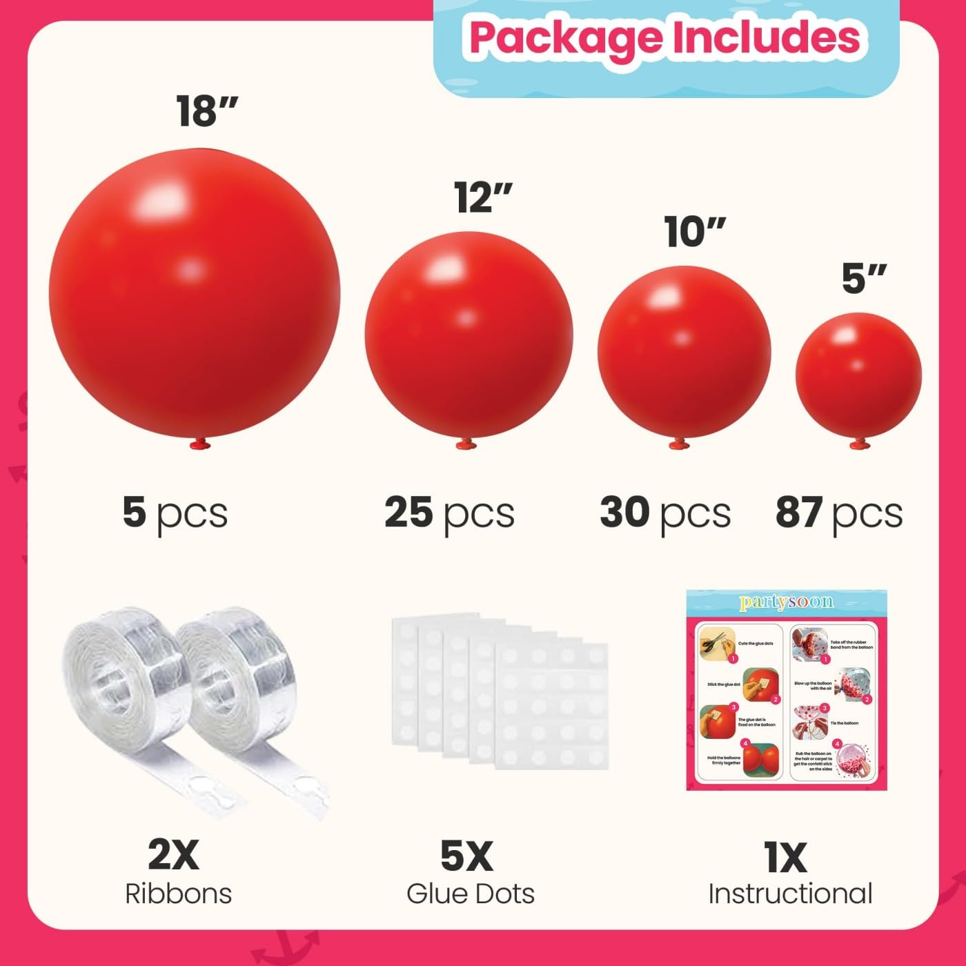 PartySoon 147 Pcs Red Balloons Arch Kit Red Balloon Different Sizes for Valentine's Decorations Birthday Party Gender Reveal Baby Shower Wedding Anniversary Bridal Decorations
