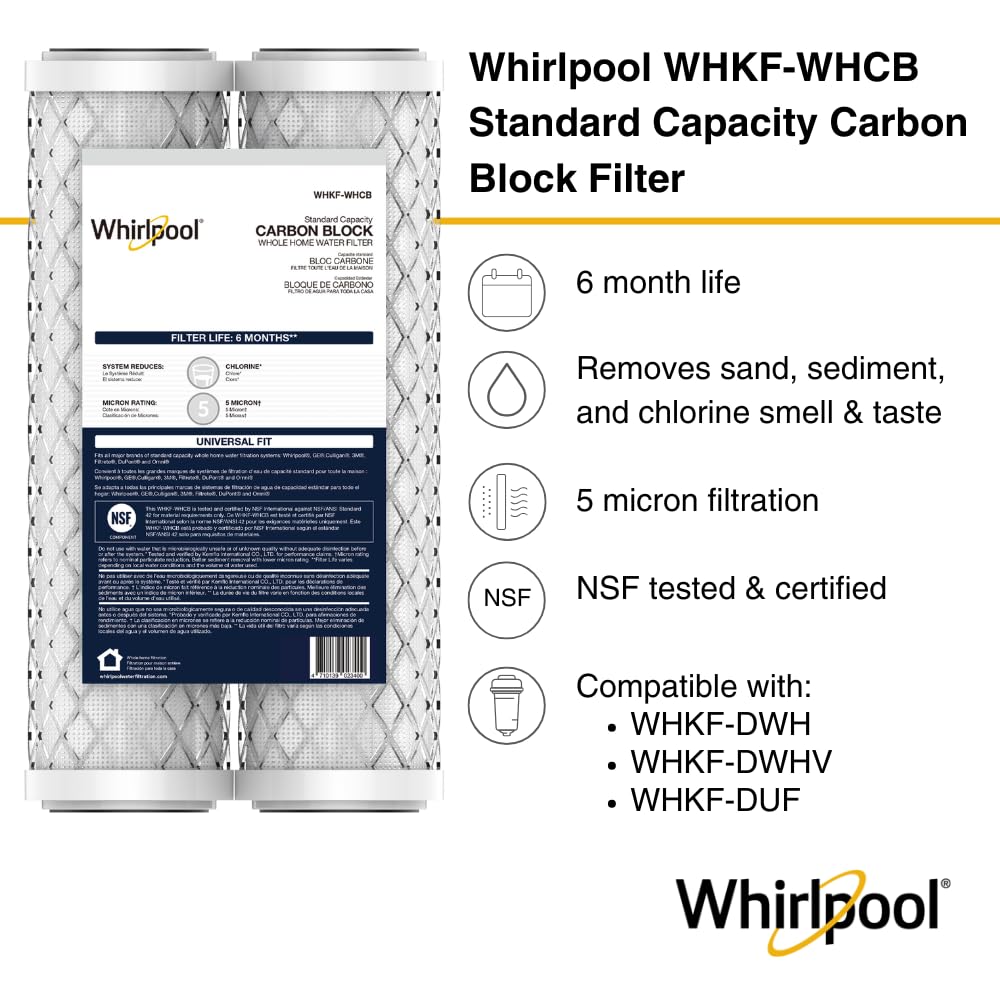Whirlpool 10" x 2.5" Carbon Block Water Filter WHKF-WHCB, NSF Certified 5 Micron Reduces Chlorine and Sediment, 6-Month Life, CTO Replacement Cartridge Fits Home Filter Housing, Reverse Osmosis System