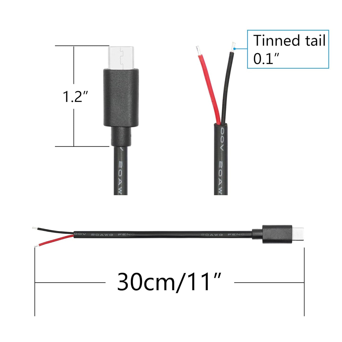 2 11inch, 5V/5A 2 20AWG, 4Pcs USB C to Pin Bare Wire Open End Power Cable USB Type C Male Plug Pin Pigtail Cable