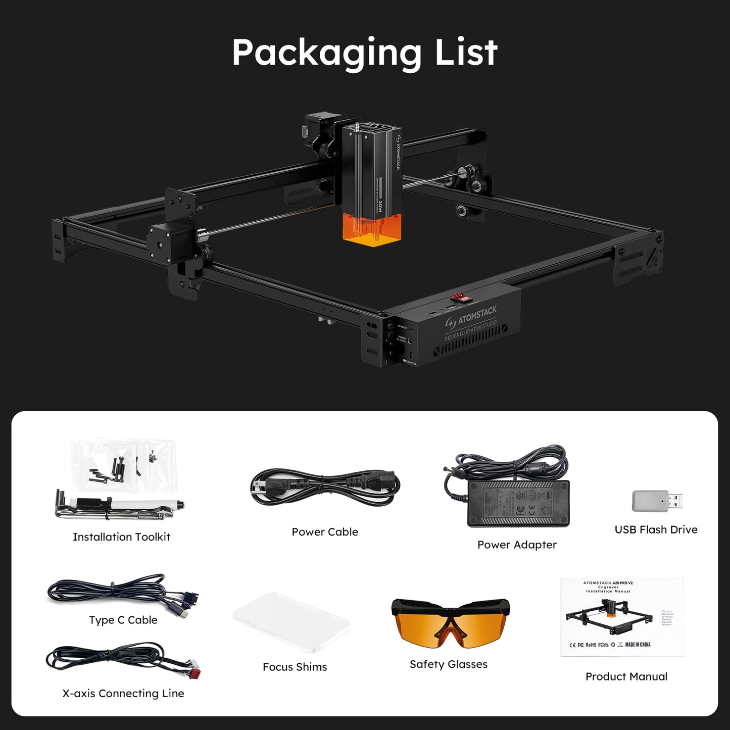 ATOMSTACK 20W A20 PRO V2 Laser Engraver, 0.06mm High Accuracy Laser Cutter for Wood, Metal, Acrylic and Glass, Professional DIY Laser Engraving Machine with Eye Protection