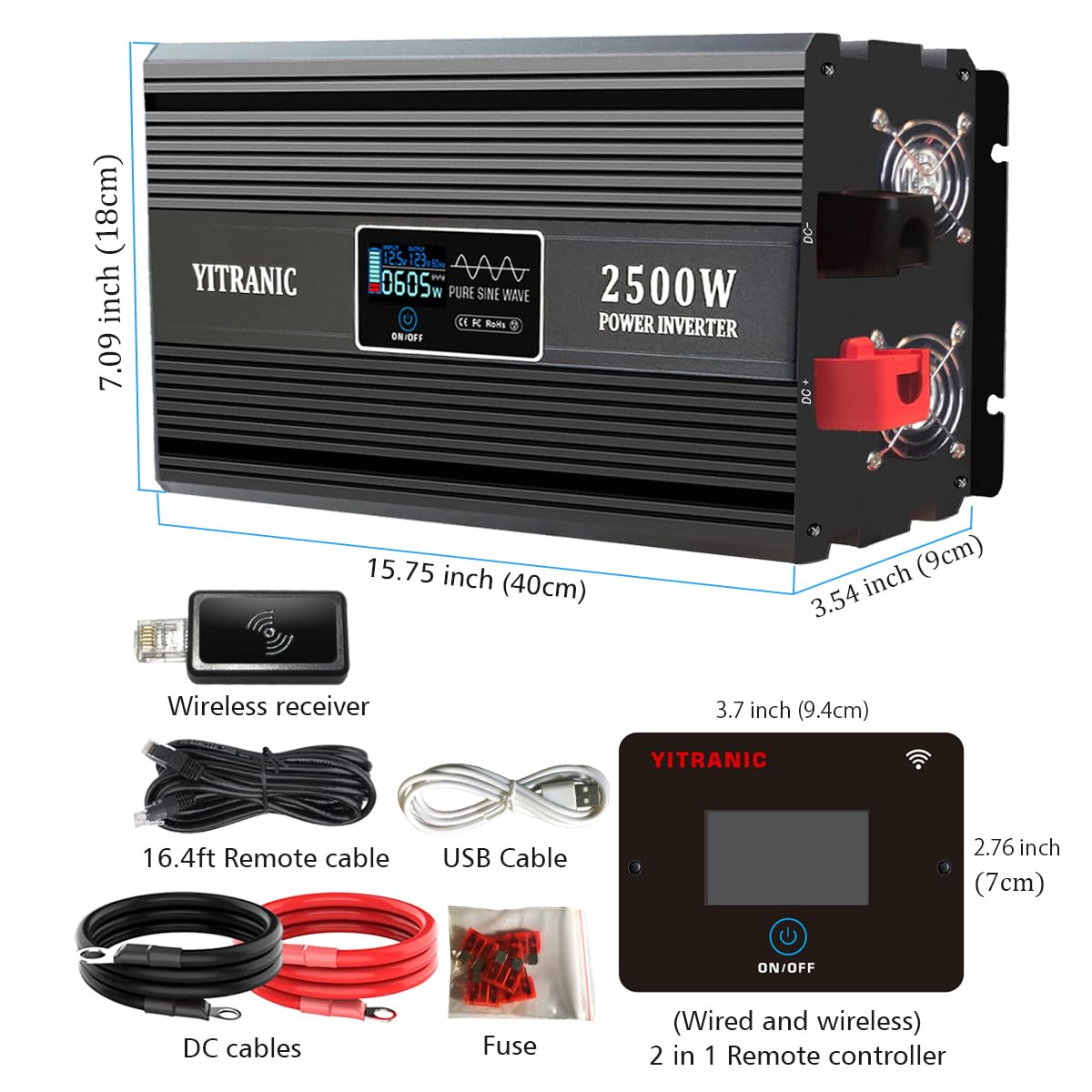 YITRANIC 2500W Pure Sine Wave Inverter 12V DC to 120V AC Upgraded 2000 watt Inverter, with164ft Wireless LCD Remote, USB/Type-C Fast Charging, Hardwire Port for RV, Home Emergency, Off-Grid Solar