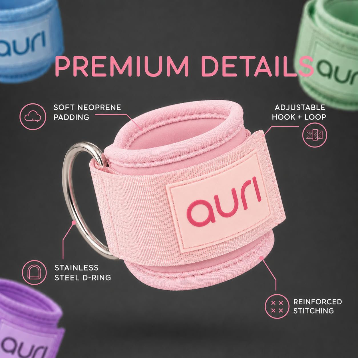 Auri Fit Ankle Strap for Cable Machine - Padded Neoprene Cuff with Stainless Steel D-Ring for Comfort & Support During Glute Kickbacks, Leg Extensions, Hip Abductors & Lower Body Workouts