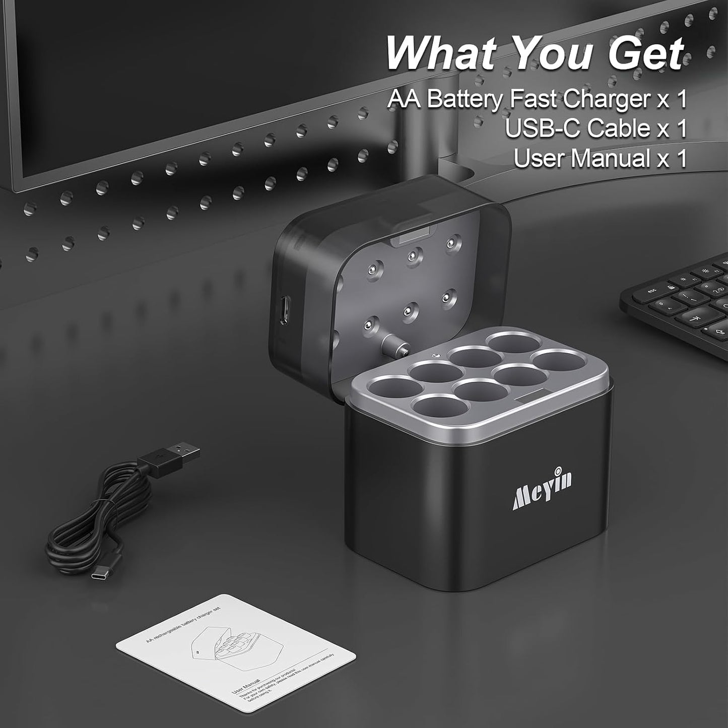 Meyin 15W 8 Rechargeable AA Batteries Charger, Fast Charger for AA Lithium & NiMH Batteries, Individual Fast Charging