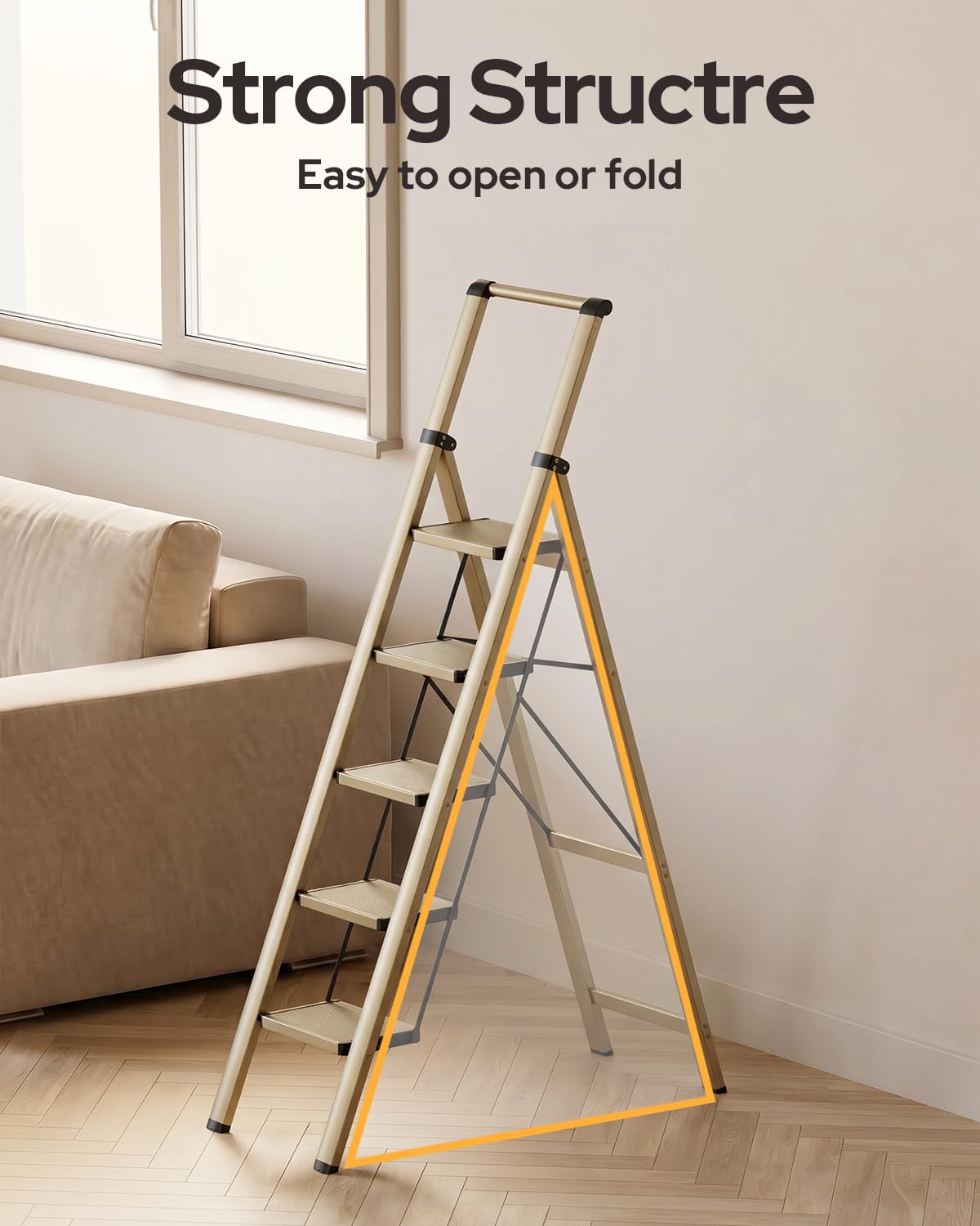 GameGem 5 Step Ladder for 10 Feet High Ceiling, Lightweight Aluminum Folding Step Stool with Convenient Handgrip, Stepladders with Anti-Slip and Wide Pedal for Home Use Space Saving - Gold