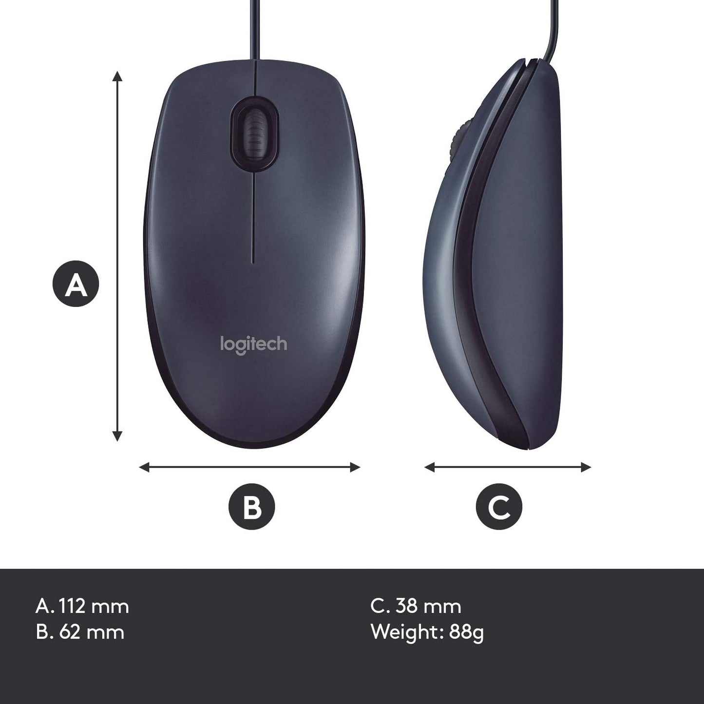 Logitech B100 USB Wired Mouse - Ambidextrous Black Design