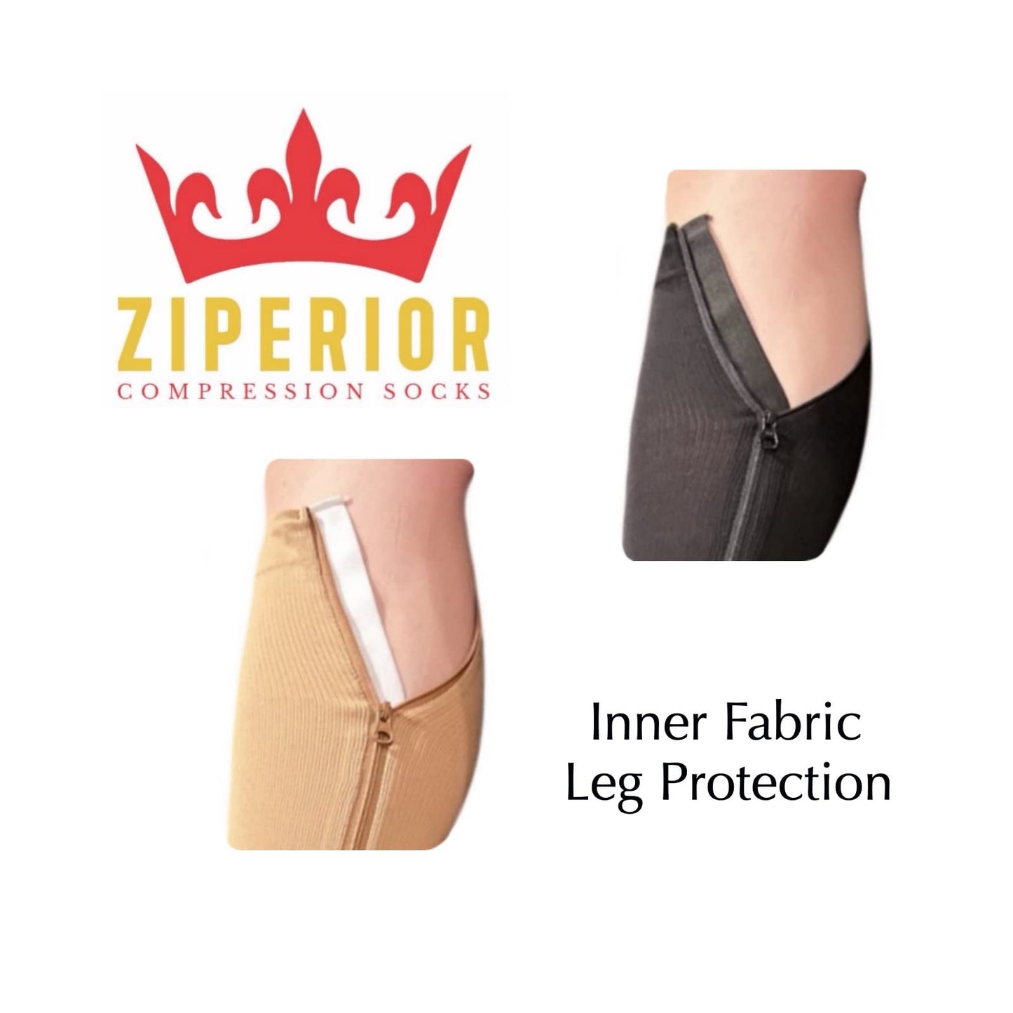 Ziperior 15-20 mmHg Compression Shin Calf No Foot Inside Leg Zipper Sleeves (Black, 2X-Large)