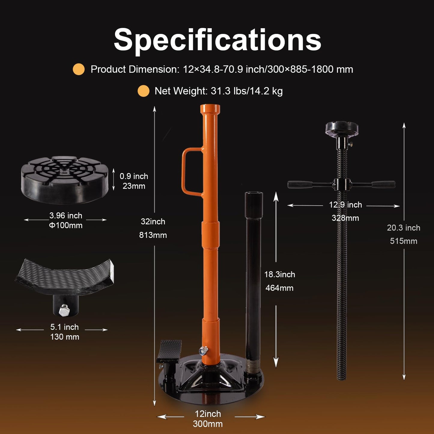 Underhoist Support Stand, 1-Ton Capacity, 3-Section Adjustable Height 34.8'' to 70.9'', Self-Locking Threaded Screw with Thrust Bearing Pole Jack, 2 Replaceable Saddles for Vehicle Component Support