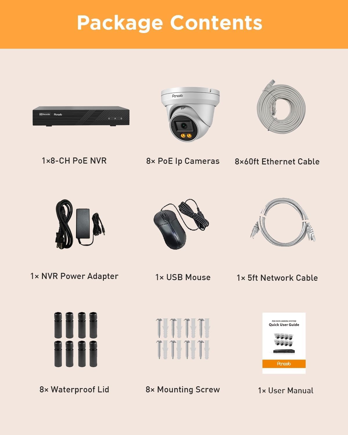 PANOOB PoE Security Camera System, 8Pcs 5MP Wired IP Cameras with Audio, Smart Color Night Vision & AI Person Vehicle Detection, Remote Access, 8 Channel 4K NVR with 2TB HDD, PD93BA0808-5MD-1