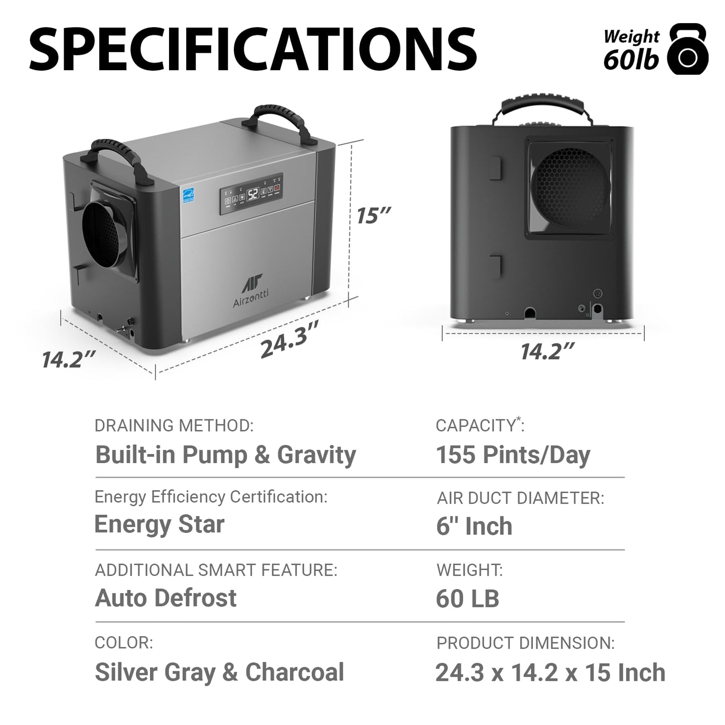 Airzentti 155 Pints Commercial Dehumidifier for Basement with Pump and Drain Hose, Large Space Dehumidifier for Crawl Space, Attic, Garage, Home, Industrial, Water Damage, Auto Defrost, Energy Star