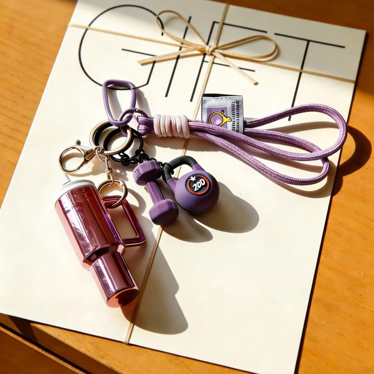 Pomelo Life Purple Fitness Wristlet Keychain - Dumbbell, Kettlebell and Tumbler Cup Charm, Sporty Bag Gift for Gym Lovers Women