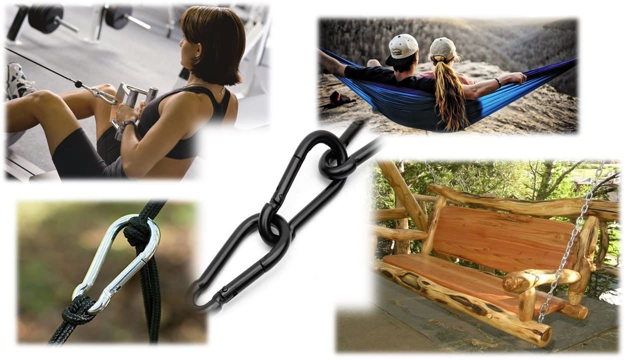 Branded Boards Black & Silver Zinc-Galvanized Heavy Duty Bushcraft Carabiner Spring Snap Clip Link Hooks 200-500lb Load 2, 6 & 12 Packs (Black-5cm-6 Pack)