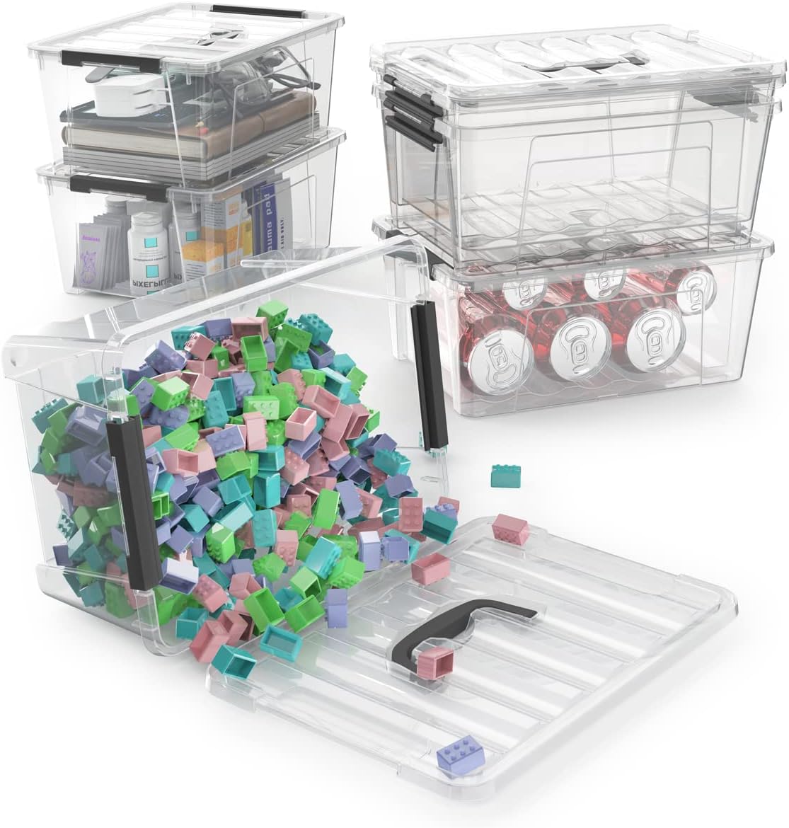 WYT Clear Storage Latch Bins - 6-Pack Organizer Boxes with Handles & Lids | 5-Litre Capacity