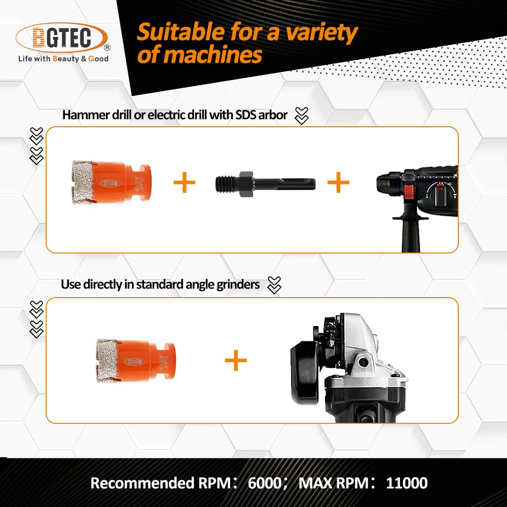 BGTEC Tile Hole Saw Kit Diamond - 12PCS 5/8-11 Thread Drill Bit 6/8/10/19/25/35/50/75/102mm+50mm Chamfer Bit+20mm Finger Bit+SDS Adapter for Pocelian Tile Ceramic Marble Granite Stoneware