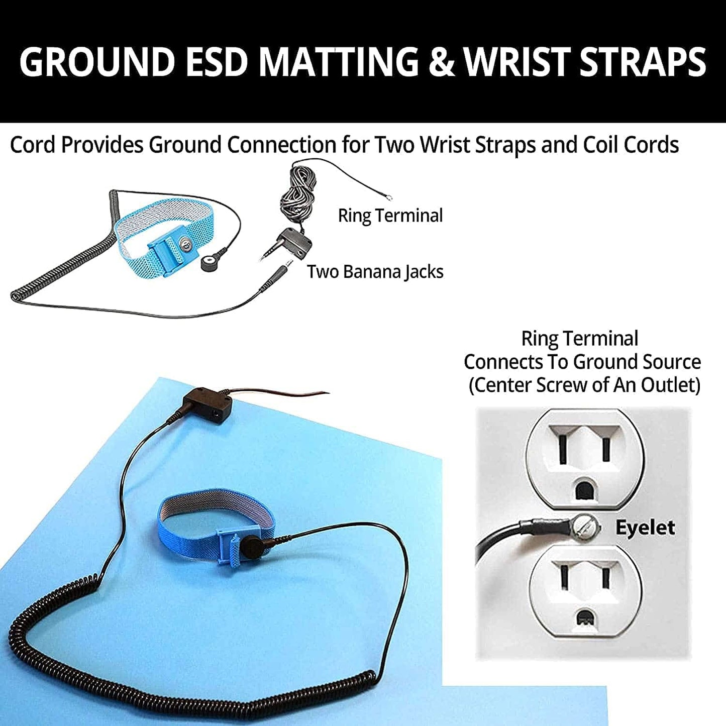 RubberStat Dual Layer ESD Compliant Workstation Rubber Table Mat Kit, Soldering, Cell Phone Repair, with Wrist Strap Set and Ground Cord - 24"x72" Blue