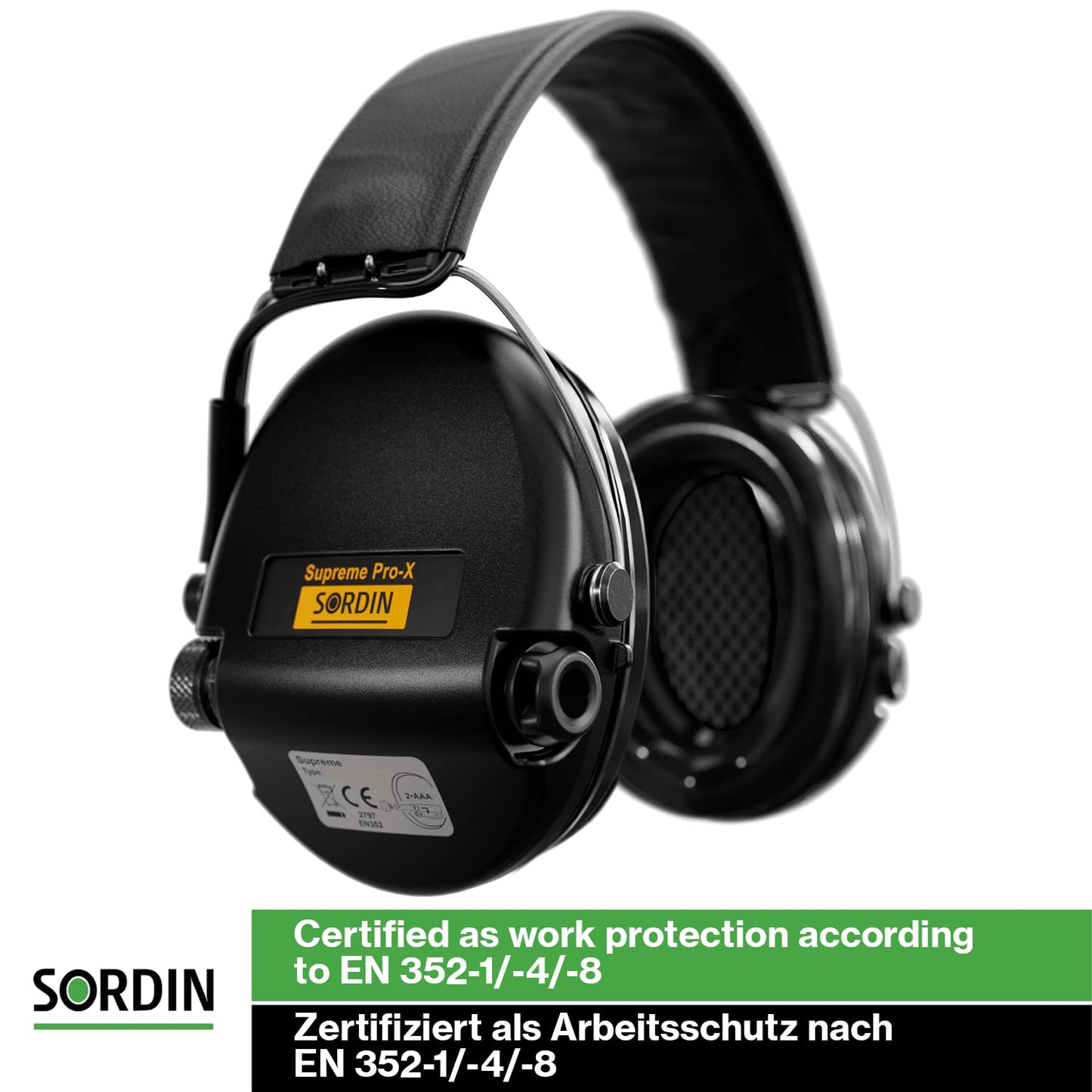 Sordin Pro-X Ear Muffs - 75302-X/L-02-G-S - Active and Electronic Ear Defenders w/Leather Headband - Gel Pads - Black