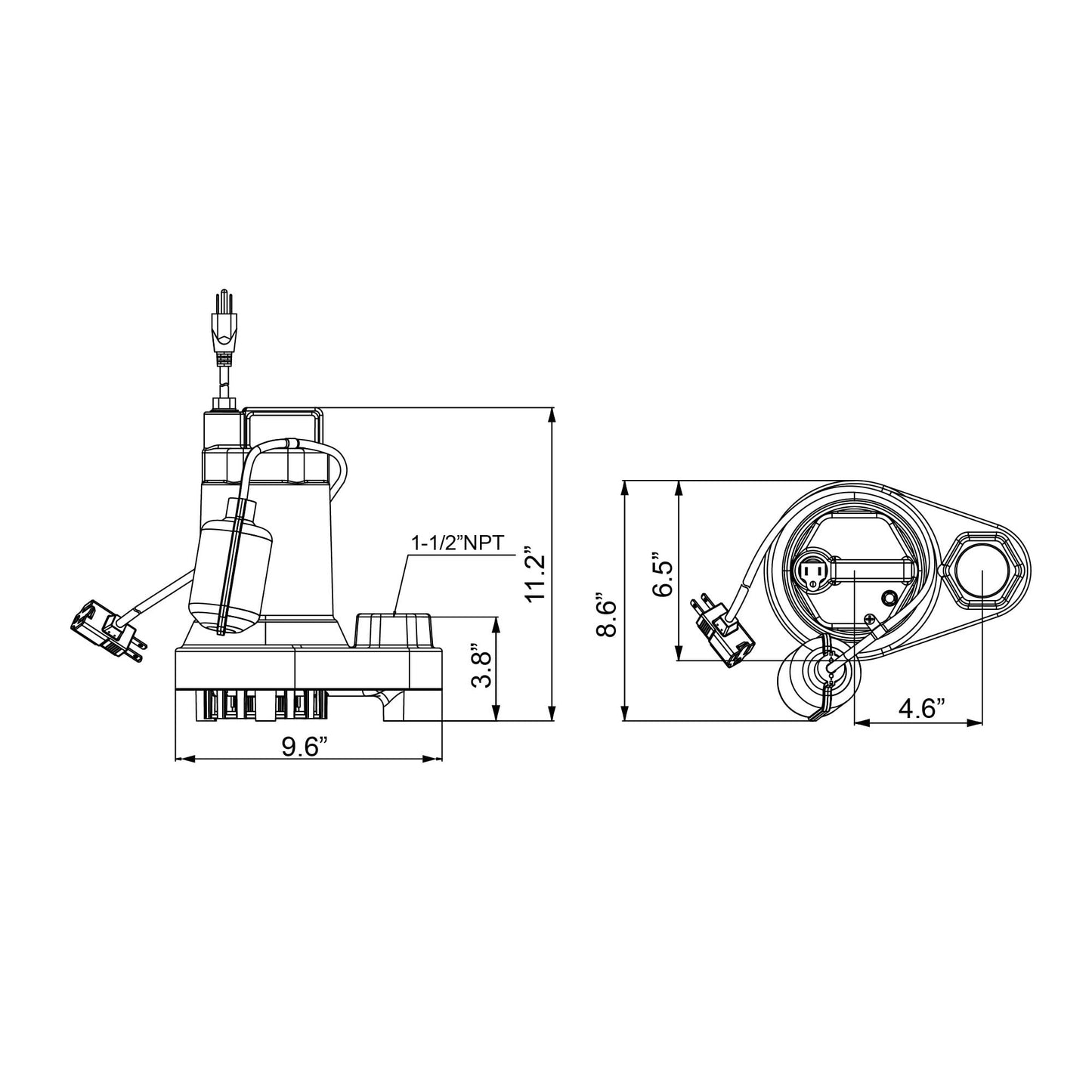 JACKEL SUM500CIT 1/2 HP 5160 GPH Cast Iron Submersible Sump/Effluent Pump with Tethered Float Switch and Piggy-Back Power Cords
