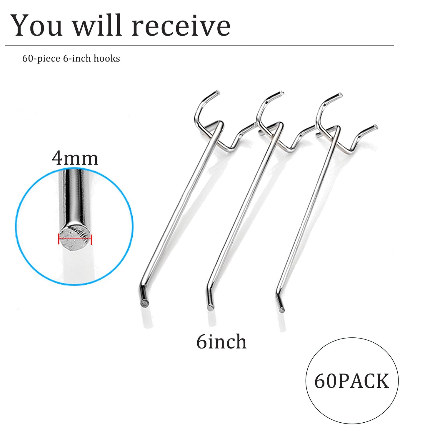 Wohegyy pegboard Hooks, 6 inch Heavy Duty Peg Board Organizer Accessories,Metal Hooks for pegboard,peg Board Hooks for Hanging for 1/4" Pegboard Hanging Tools Garage (60 Pack)