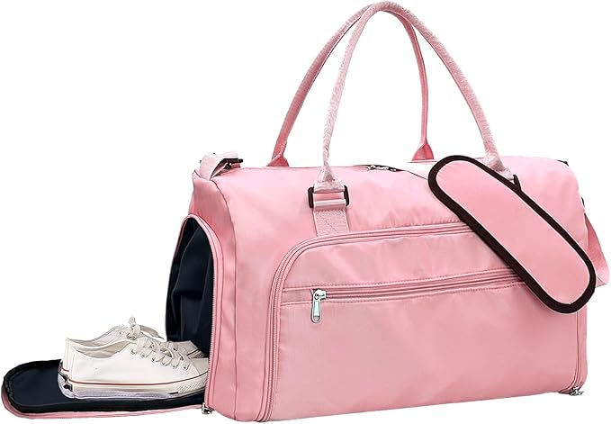 woogwin Small Gym Bag for Men & Women with Shoes & Wet Compartment Waterproof Duffle Bag for Travel Sports Workout Overnight Weekender(17.7'',Pink)