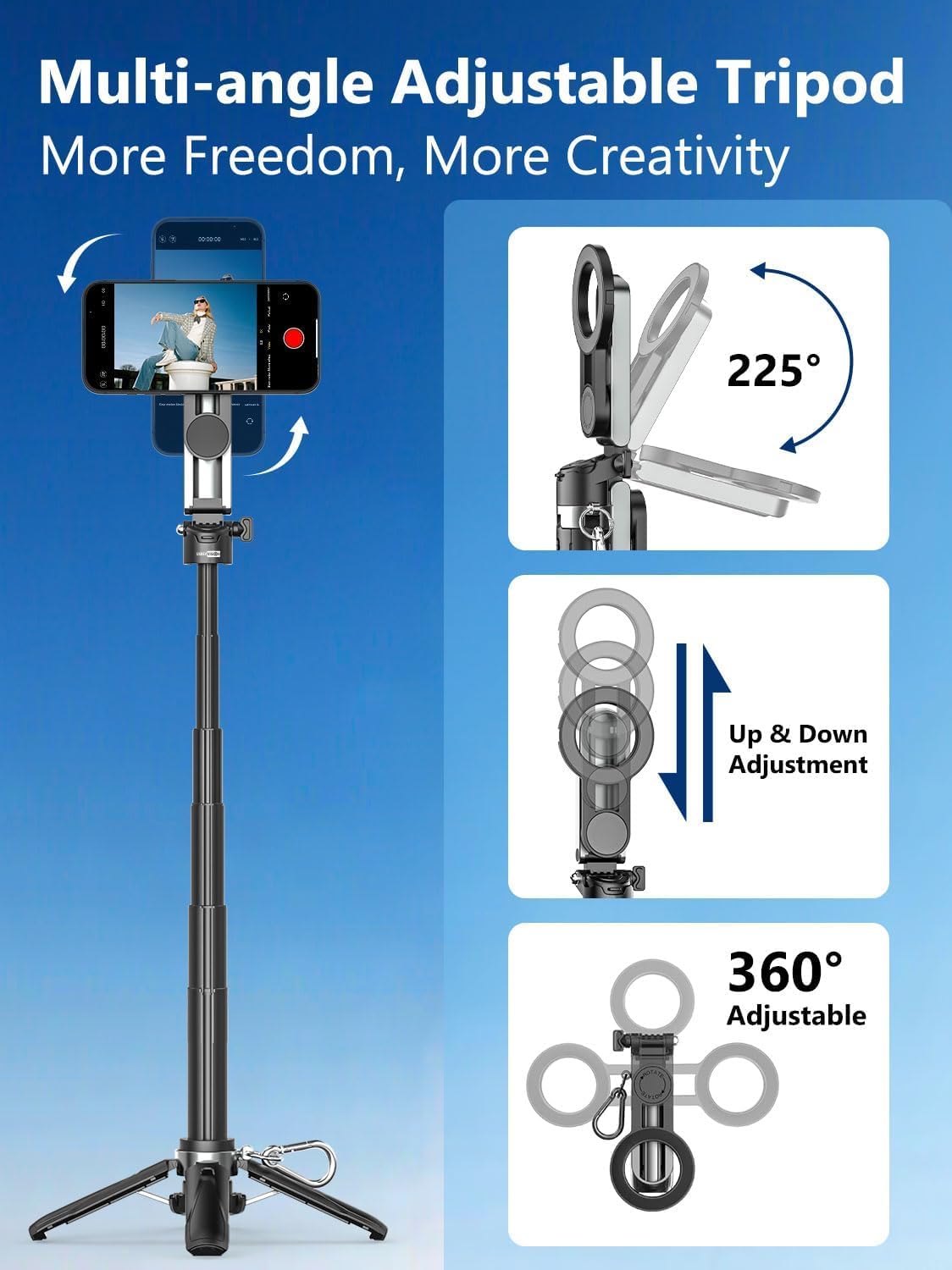Betunich 4-in-1 Magnetic Mini Selfie Stick Tripod, Extendable Phone Stand with Wireless Remote, Pocket Size for Travel