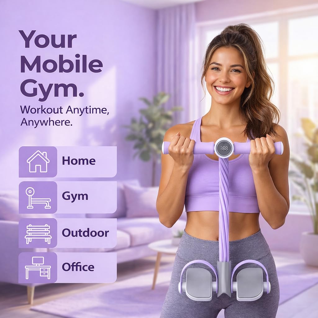 Smart Foot Pedal Puller with Digital Counter and Handles, 6-Tube Resistance Band for Yoga, Full Body Stretching, Home Workout-Purple