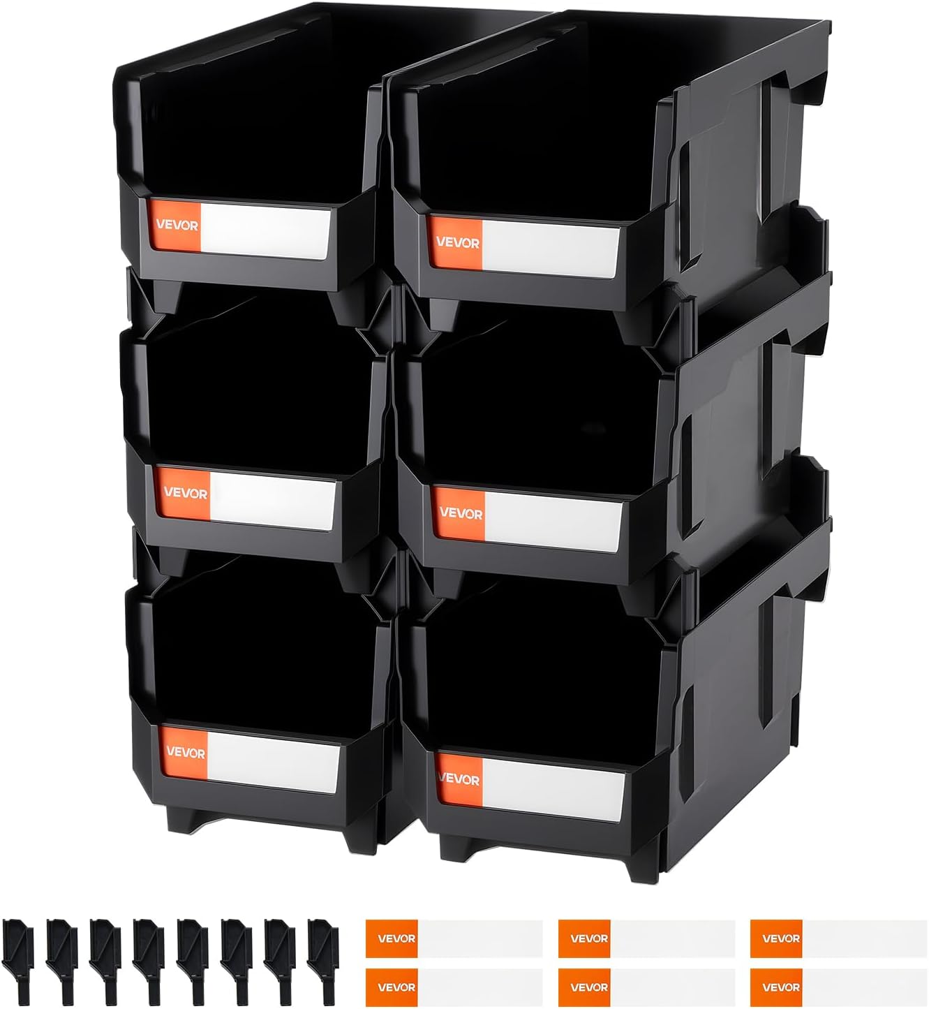 VEVOR Stackable Plastic Storage Bins - 6 Pack, 14.8 x 8.5 x 7.1 Inch, Ideal for Organizing Closet, Garage & Office Supplies - Black