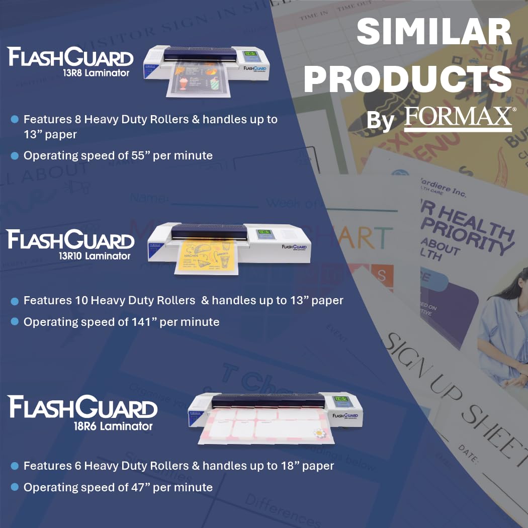 Formax FlashGuard 13R6 Laminator; 1500W; 110-120V, 50/60Hz; 15A; Heavy-Duty 6 Roller System; All-Metal Construction; Graphics-Based LCD Screen; Variable Temperature and Speed