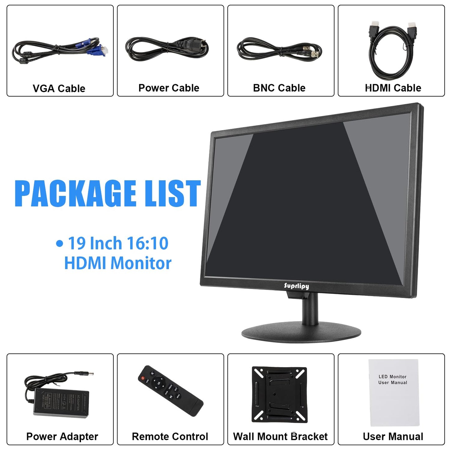 Suprlipy 19 inch FHD Small IPS Monitor LCD Display Screen 1440x900 60Hz 16:10 with HDMI BNC VGA AV USB Input Built-in Lounspeakers for CCTV Security Camera DVR PC RasPi