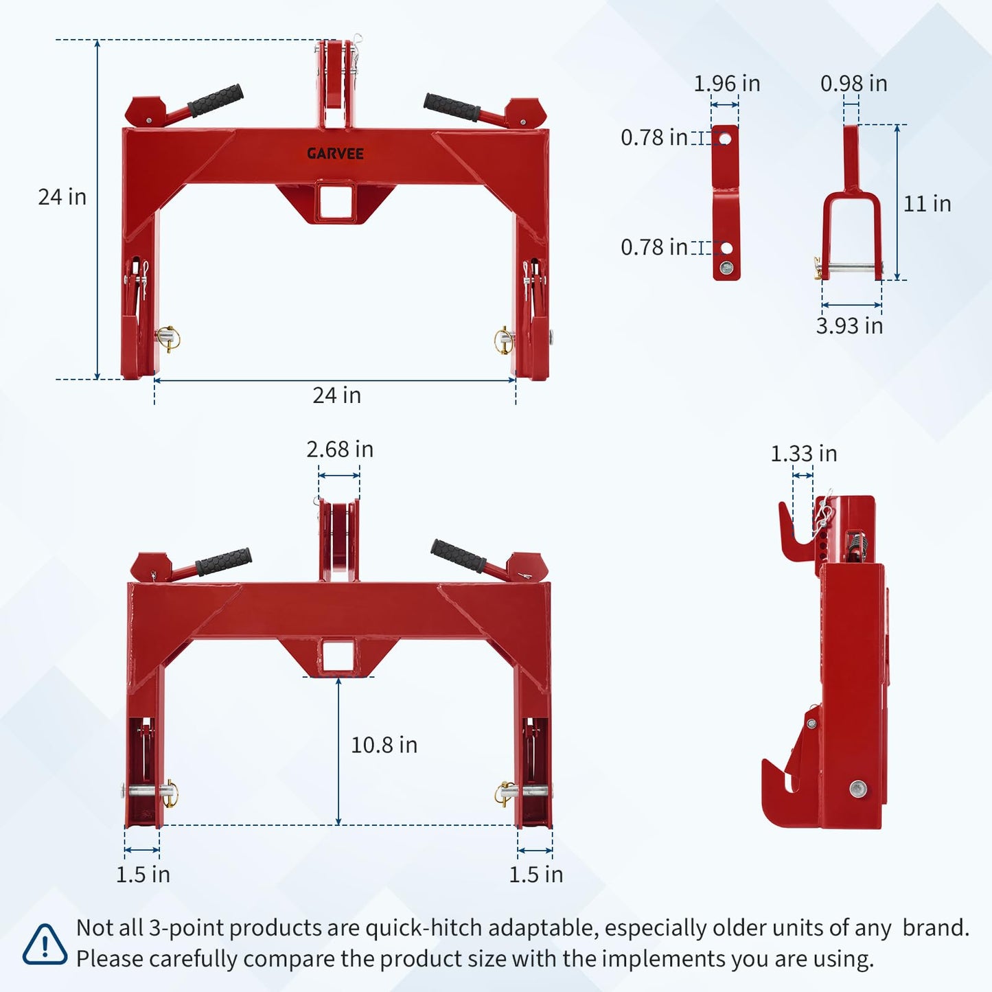 3-Point Quick Hitch with 2" Trailer Receiver, 3000LBS Lifting Capacity Category 1 Tractor Attachment, 5-Level Adjustable Top Hook, No Modification Needed for Agricultural Use