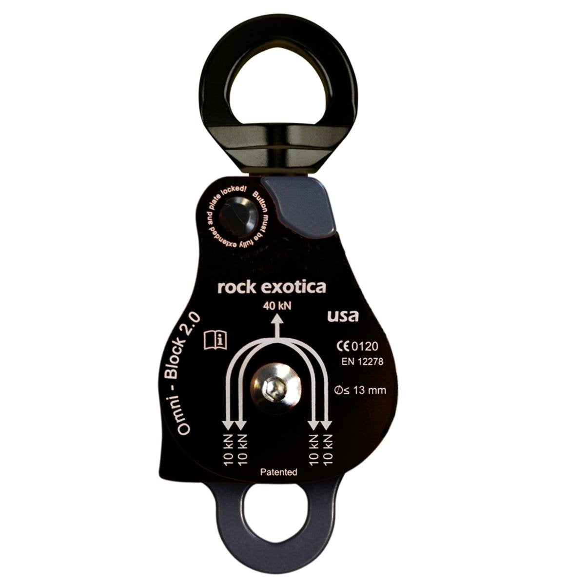 Rock Exotica Omni-Block 2.0" Double Swivel Pulley (Black) – High-Strength Swivel Pulley with Sideplate Access for Rigging – Made in the USA