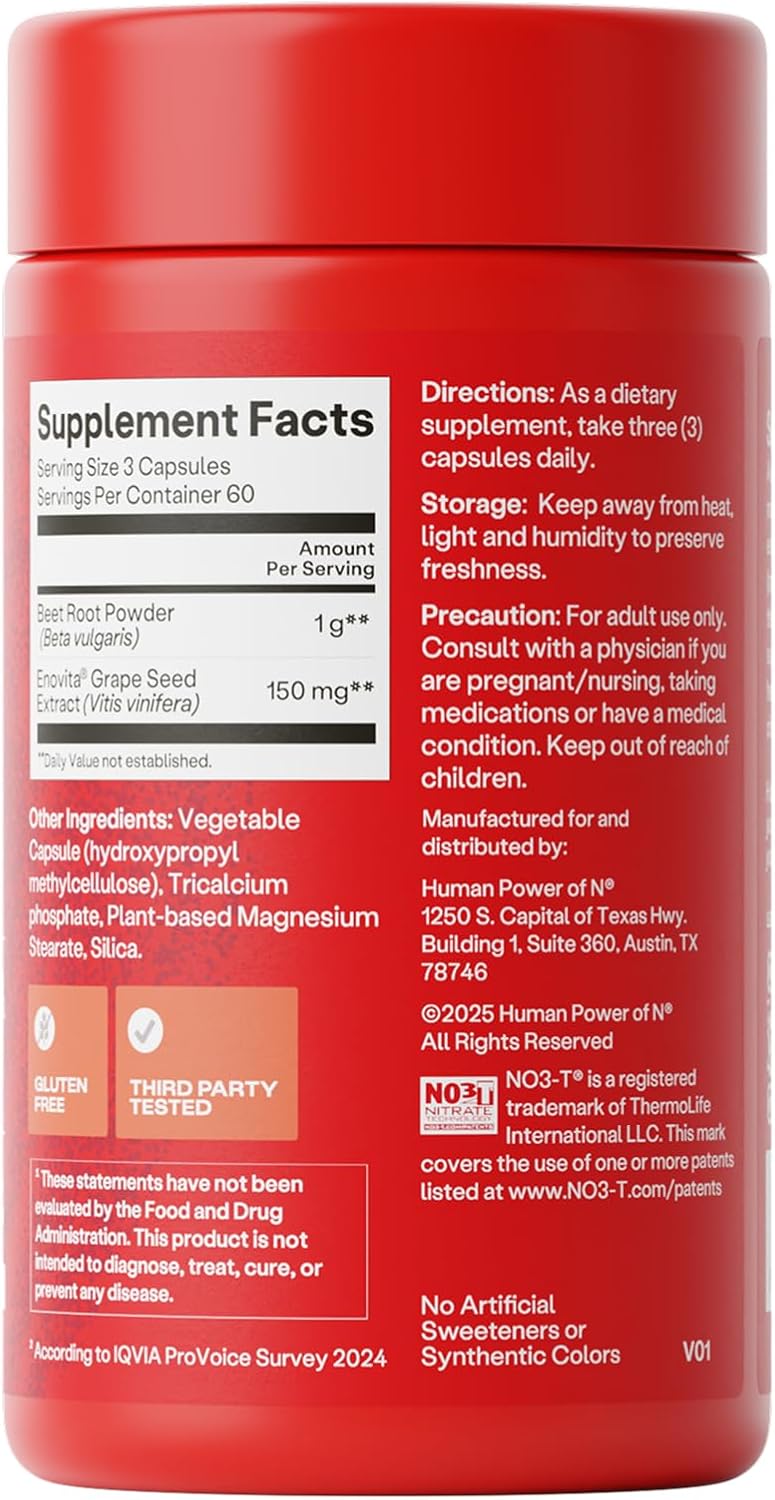 HumanN SuperBeets Beet Root Capsules Quick Release 1000mg, Helps Support Nitric Oxide Production, Blood Pressure, Heart Health, Contains Non-GMO Beetroot Powder, Studied Antioxidants 180 Count
