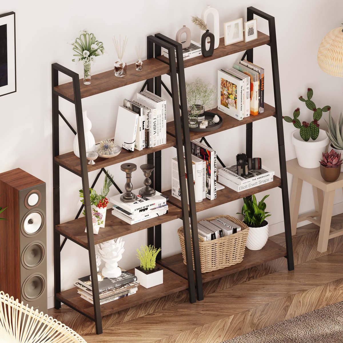BON AUGURE Hall Tree with Shoe Storage, 5-in-1 Reversible Entryway Bench with 4 Tier Rustic Ladder Bookshelf, Standing Leaning Book Shelves for Living Room (Rustic Oak)