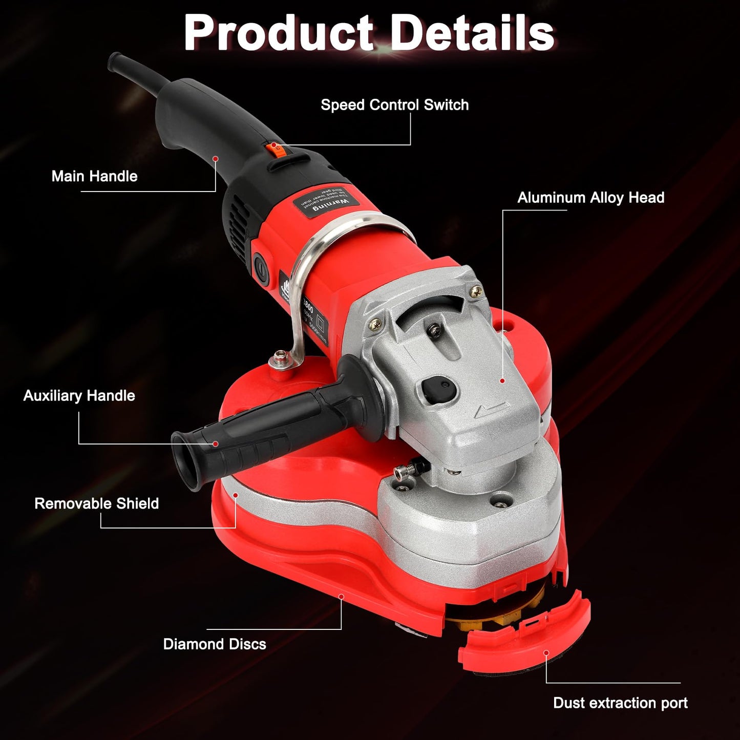 Electric Diamond Polisher Machine with Telescopic Rod,3800W Concrete Grinder Machine with 6-Speed Control & Dust Collection Cover, Floor Grinder for Grinding Concrete Deck Marble Granite