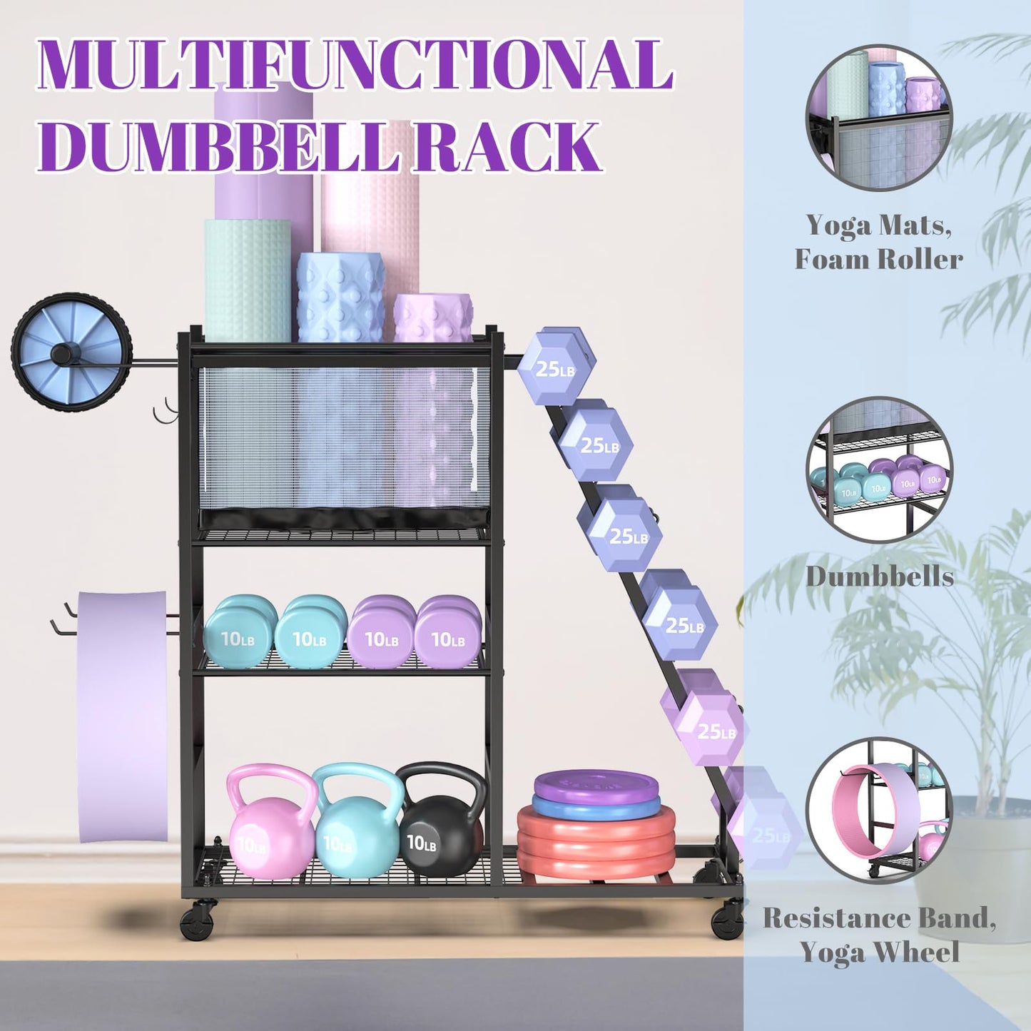 Mythinglogic Dumbbell Rack for Home Gym, Weight Rack for Dumbbells,Yoga Mat Holder for Yoga Mat and Kettlebells, Multifunctional Home Gym Storage Rack with Casters