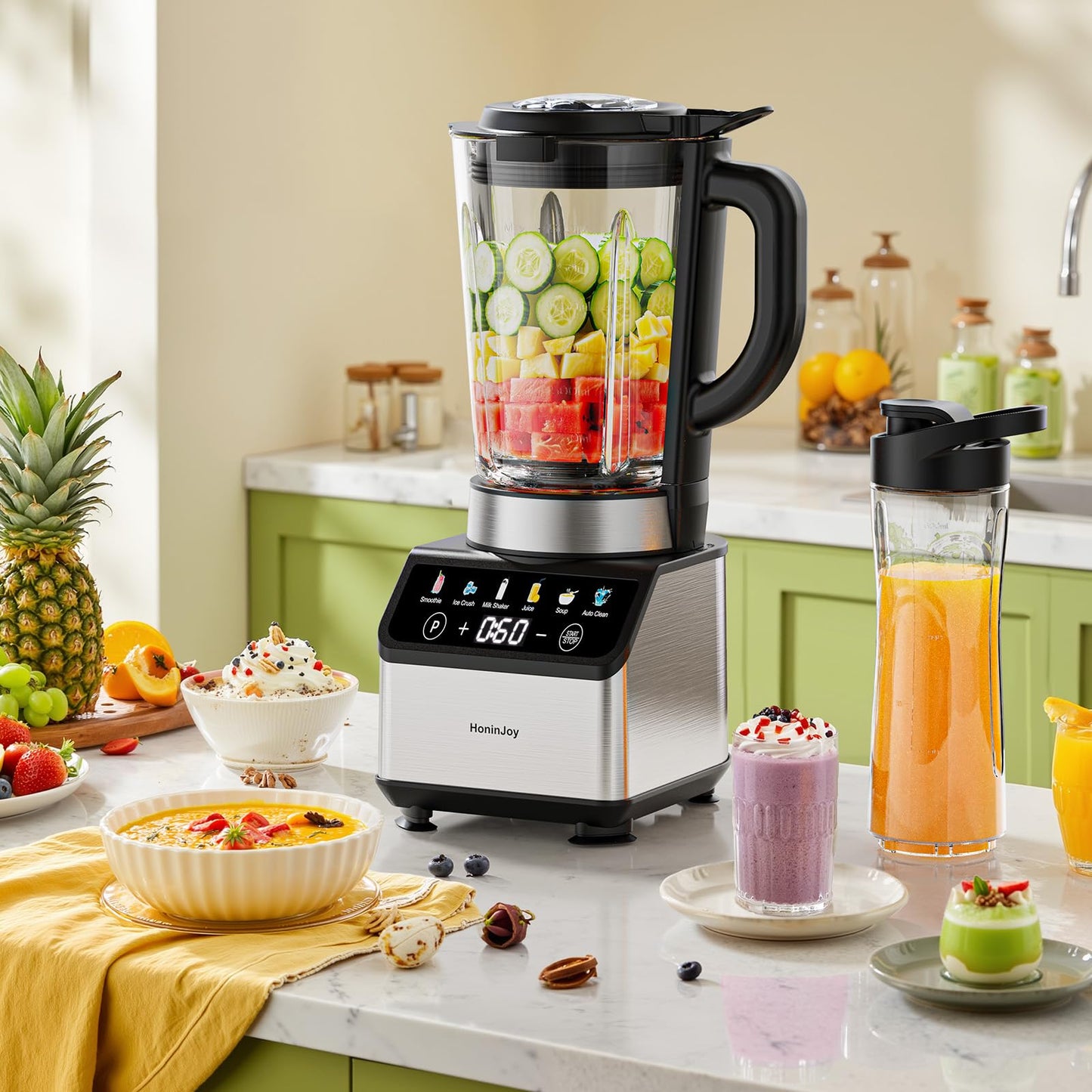 HoninJoy Blenders for Kitchen, Countertop Smoothie Blender with 51oz Glass Pitcher, Grinder & To-Go Cup Combo, 10 Speeds Digital Touchscreen Blender for Smoothies, Shake, Crush Ice, Dishwasher Safe