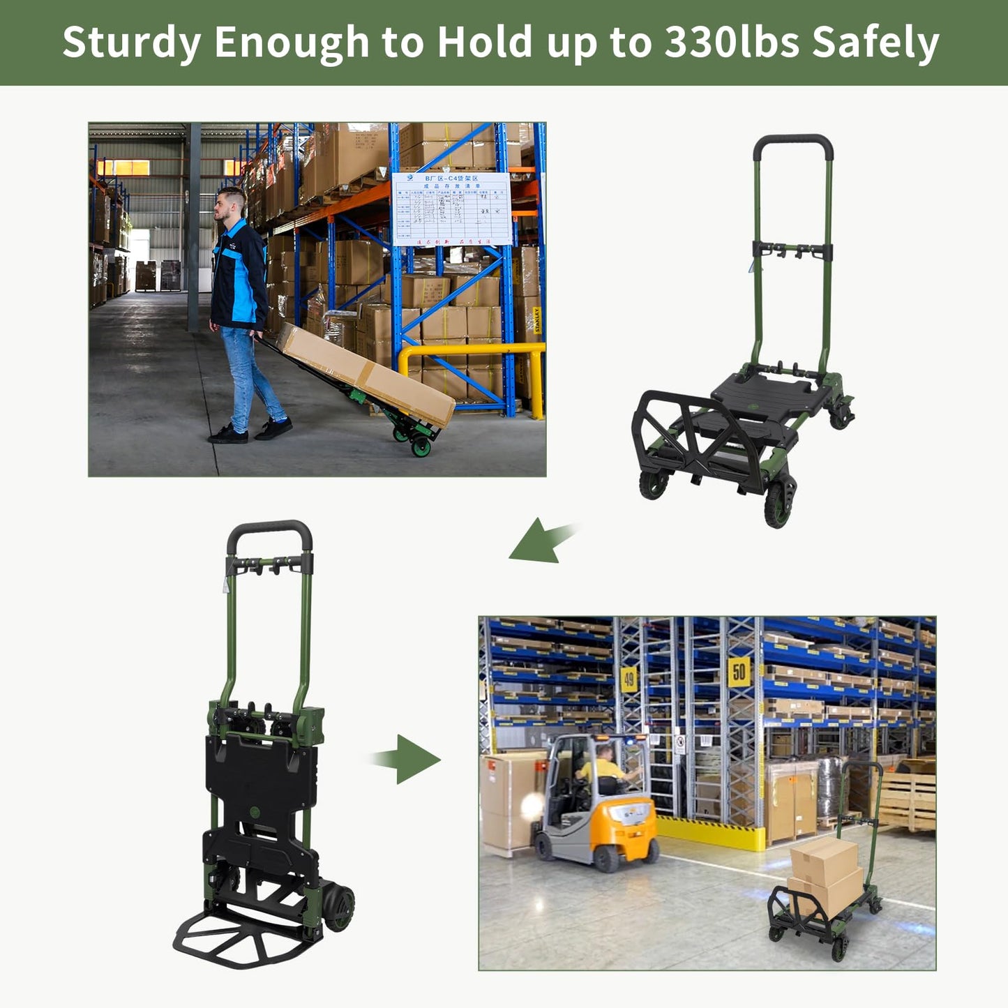 2-in-1 Black Folding Small cart, Outdoor Cargo handling Vehicle, Flatbed Trailer with a Load Capacity of 330 pounds (1, Black Brake)