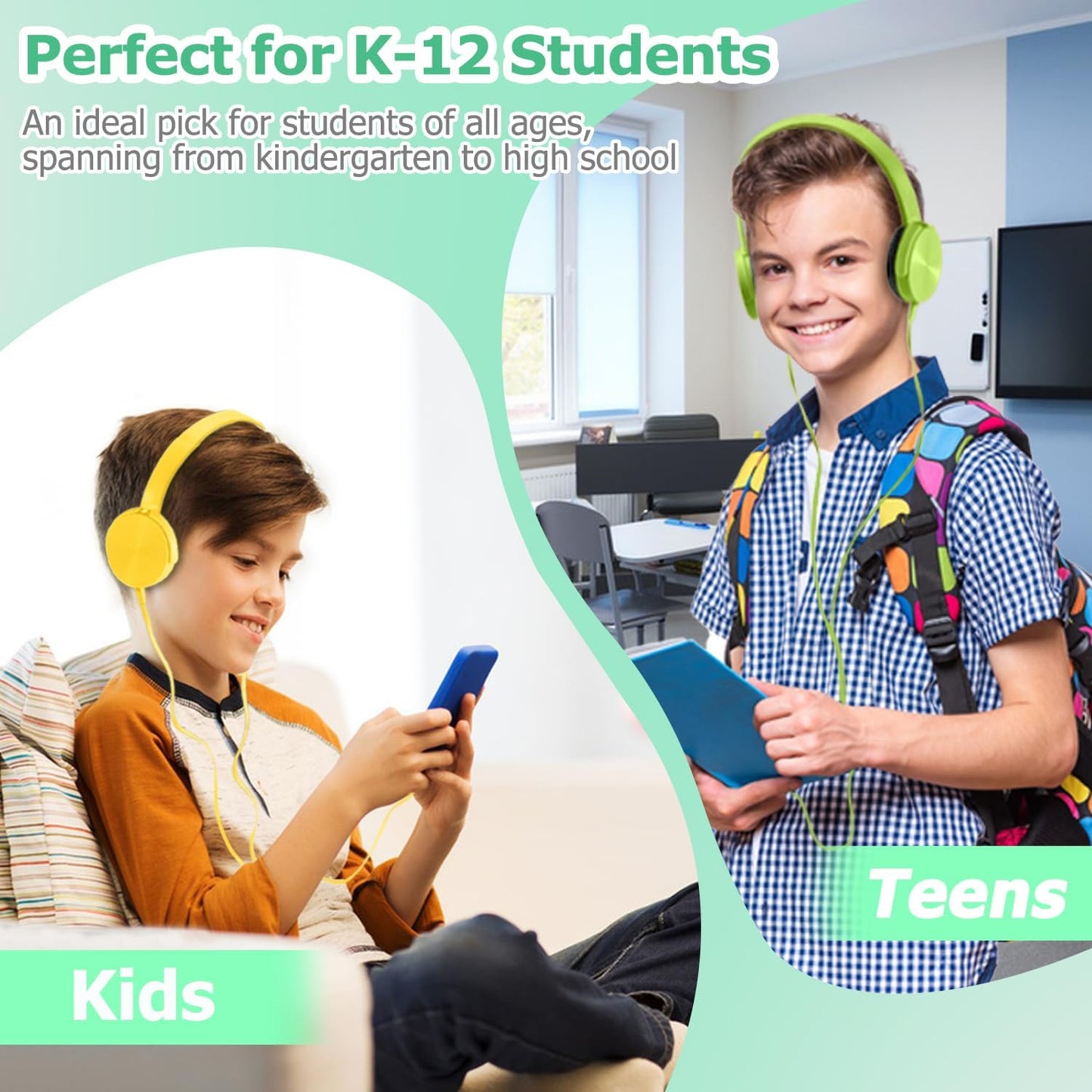 2 Pack K-12, 3.5mm Kids Headphones for School Classroom Swivel Foldable, HD Stereo, Jack Wired Headphone for Kids