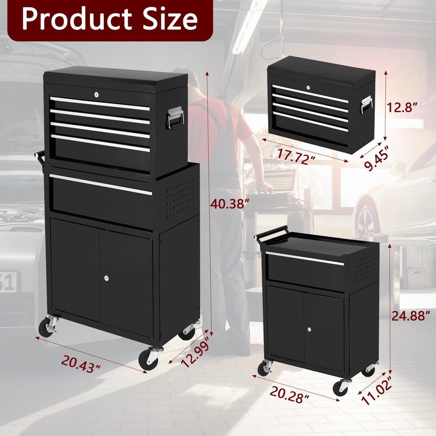 5-Drawer Rolling Tool Chest, 2-in-1 Detachable Top Tool Cabinet with Removable High Capacity Storage, Sliding Drawers, Wheels, Locking System & Liners for Workshop, Mechanics, Garage and Warehouse Use