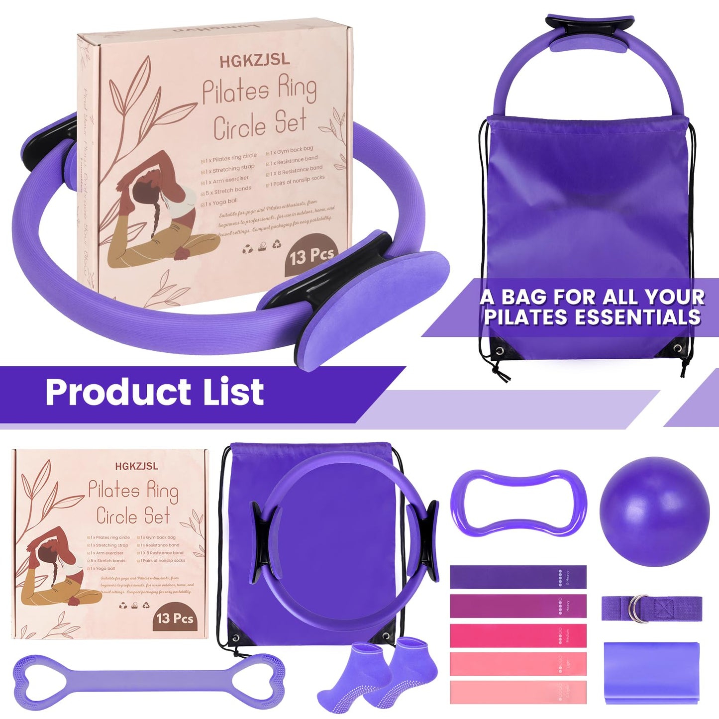 Pilates Kit for Women 13PCS, Pilates Ring and Ball Set with Magic Circle, Resistance Bands Set, Figure 8 Band, Yoga Ring & Grip Socks, Home Workout Equipment Essentials Starter Kit for Beginners