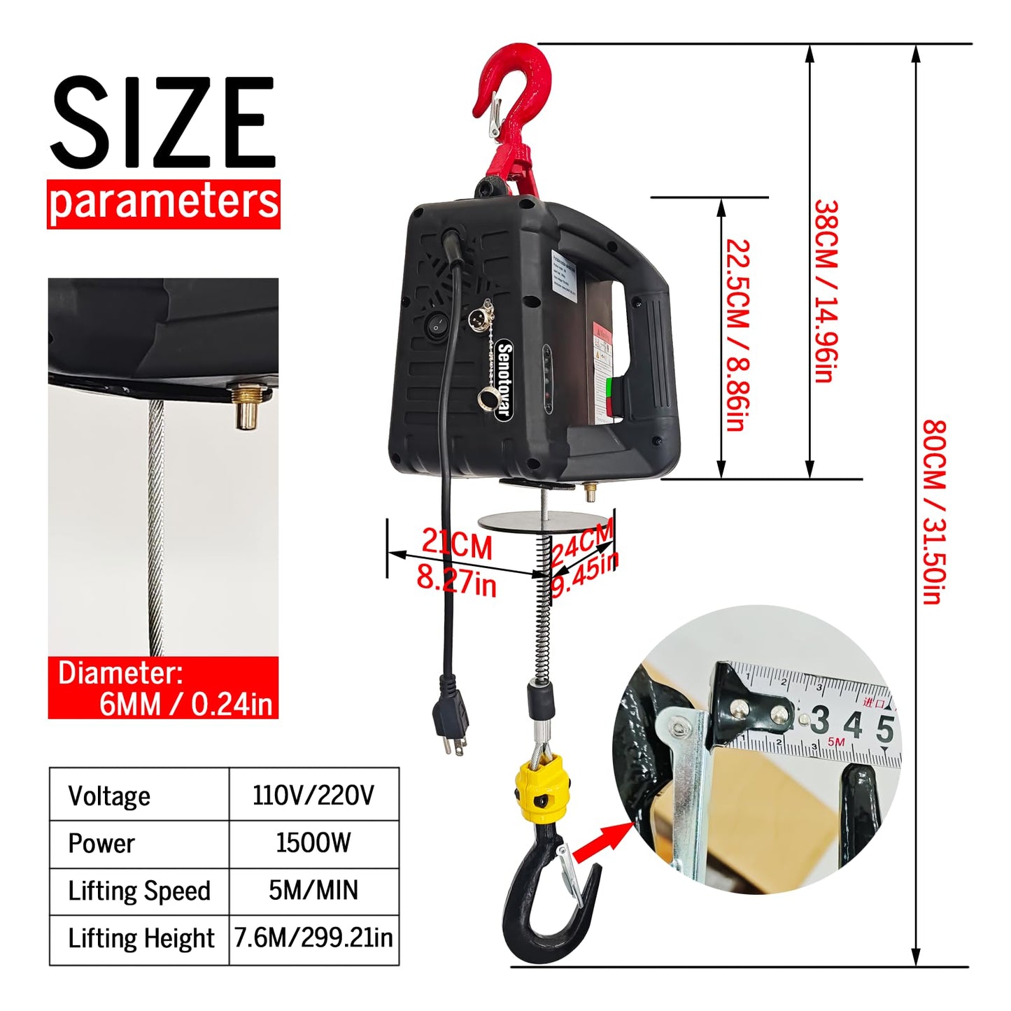 Electric Hoist Winch 3 in 1,1100lbs Electric Hoist 110 Volt 1500W Portable Electric Winch with Remote Control/Manual/Cable,Chain Hoist Overload Protection 25ft Lifting Height for Towing&Copper Motor