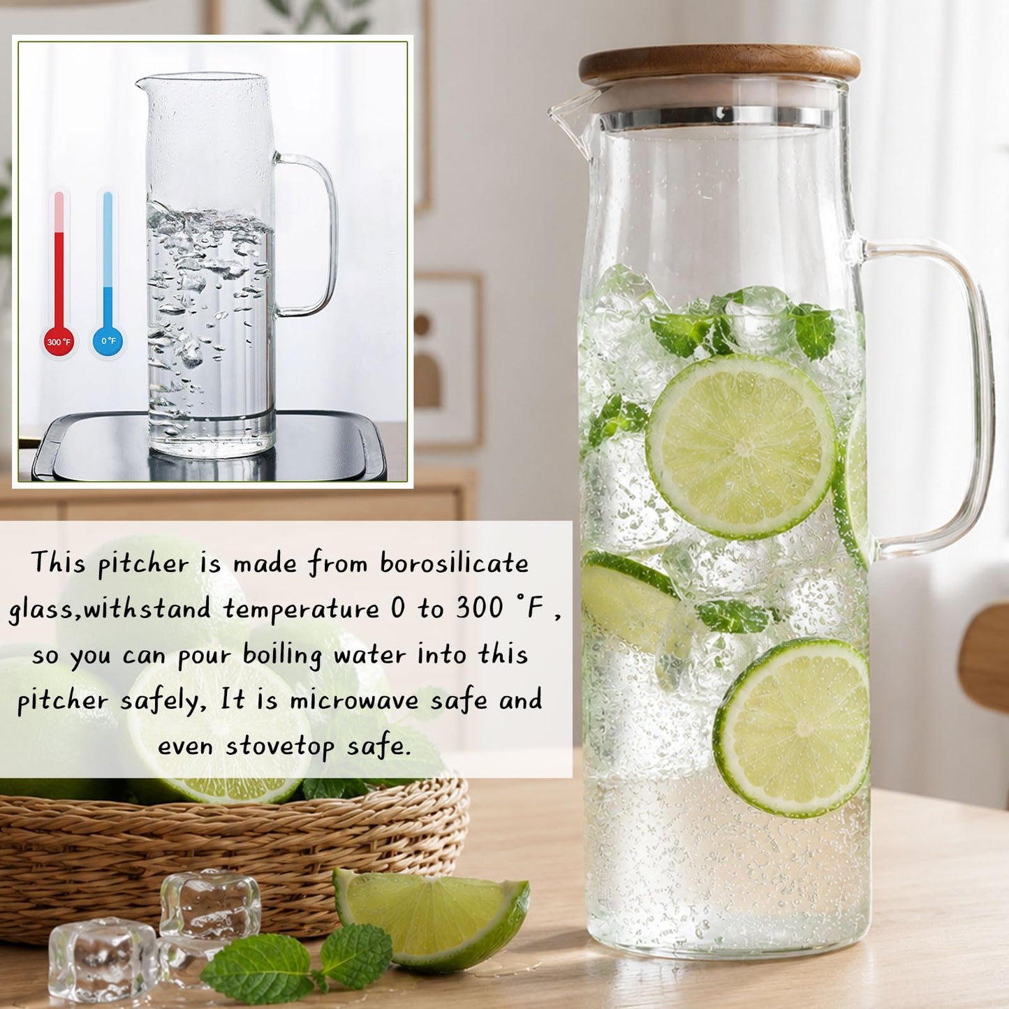 hjn Glass Pitcher with Lid Glass Water Carafe with Handle, Fridge Water Jug Cold or Hot Beverages, Iced Tea, Milk, Juice 1500ml/51oz &