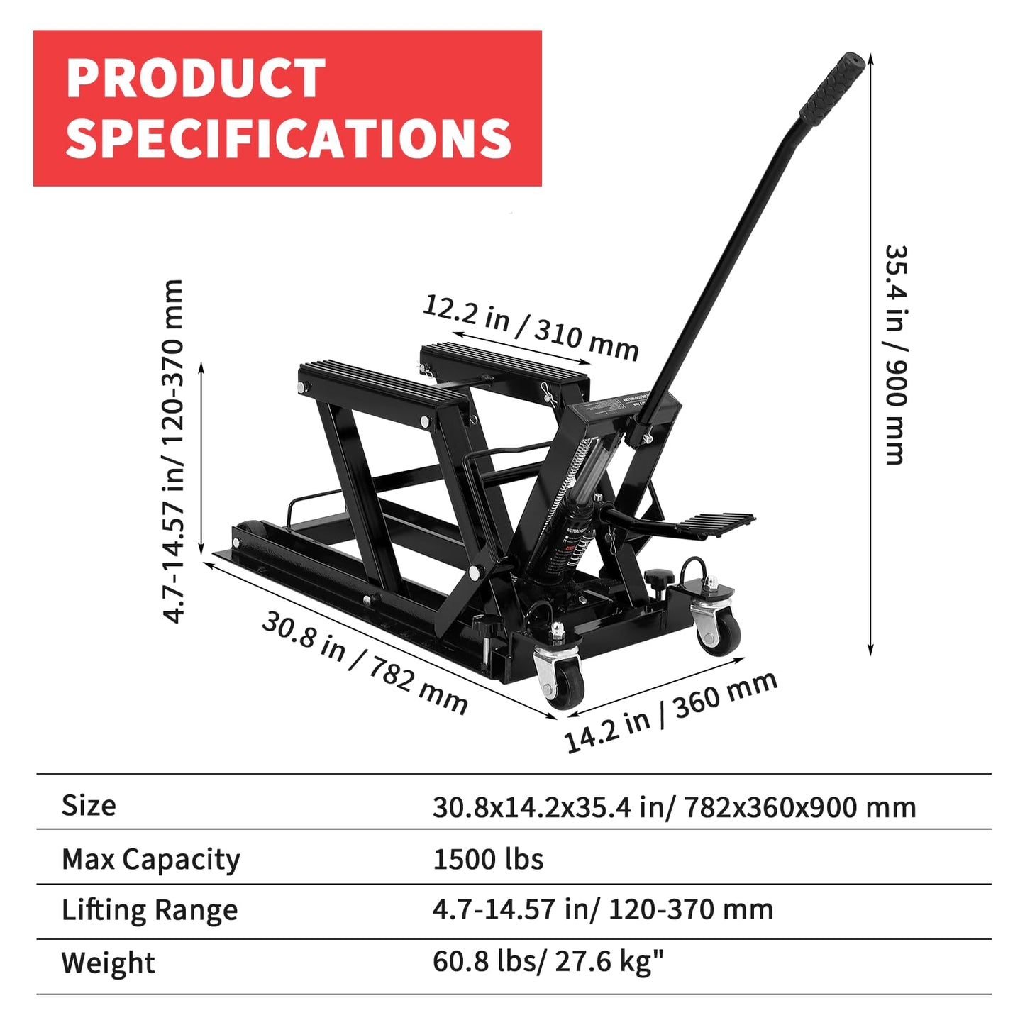 Hydraulic Motorcycle Lift Jack, 1500 LBS Heavy Duty Foot-Operated ATV Lift Stand, Portable Motorcycle & Dirt Bike Jack with 4 Wheels & Long Handle for Garage Maintenance, Black