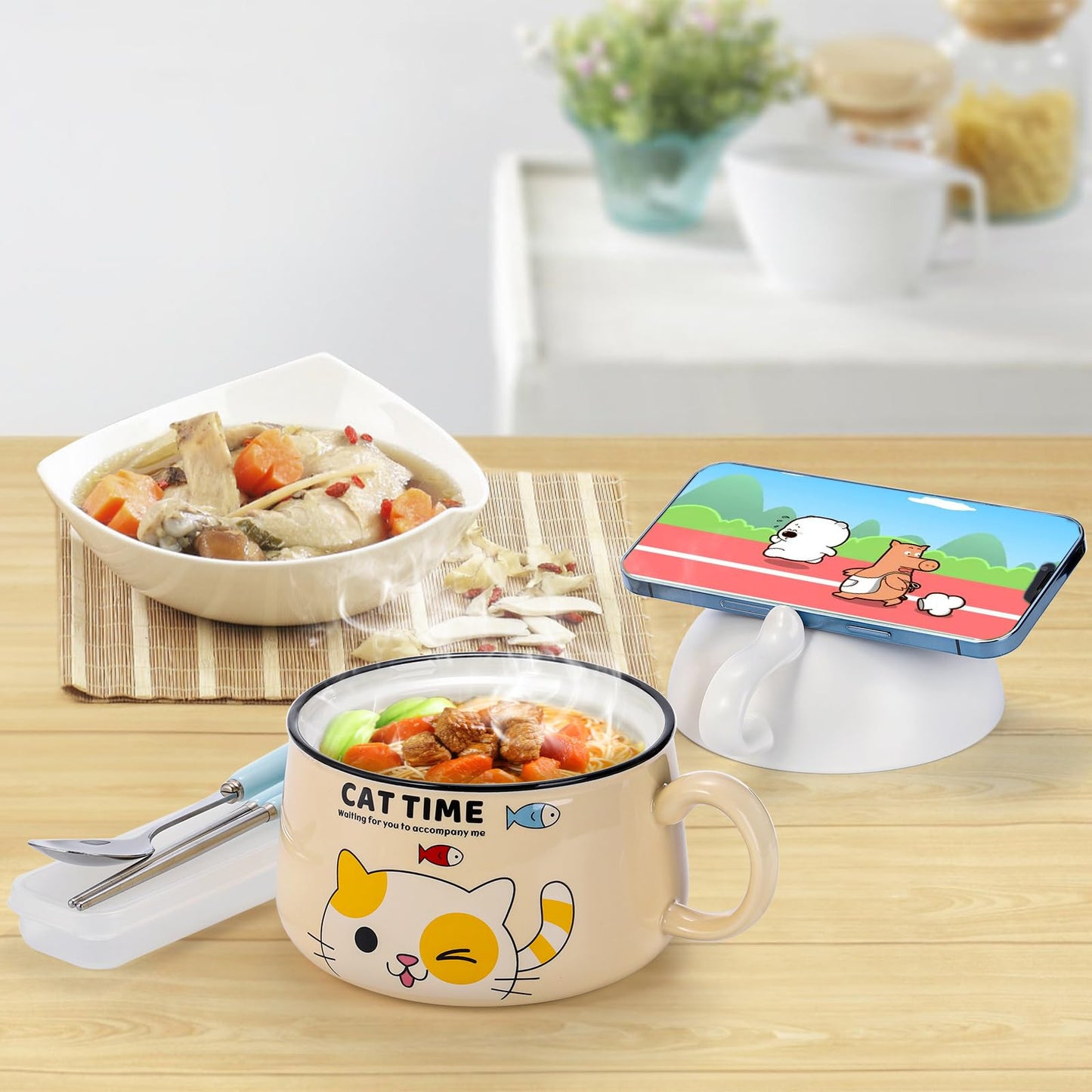 Cididu Ramen Bowl with Handle and Lid, 34.5 oz Ceramic Cute Cat Instant Noodle Bowls with Spoon Chopsticks for Dorm, Kitty Large Microwavable Japanese Soup Pot Bowl