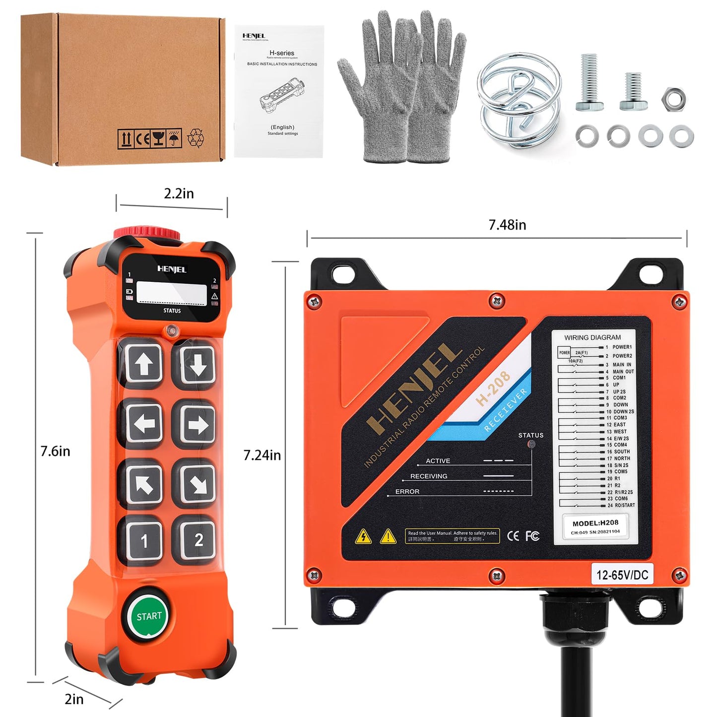 Dual 2 Speed 8 Channel 24V 110V 220V AC/DC Industrial Wireless Crane Radio Remote Control 2 Transmitters and 1 Receiver for Overhead Bridge Travelling Gantry Crane with Electric Chain Hoist