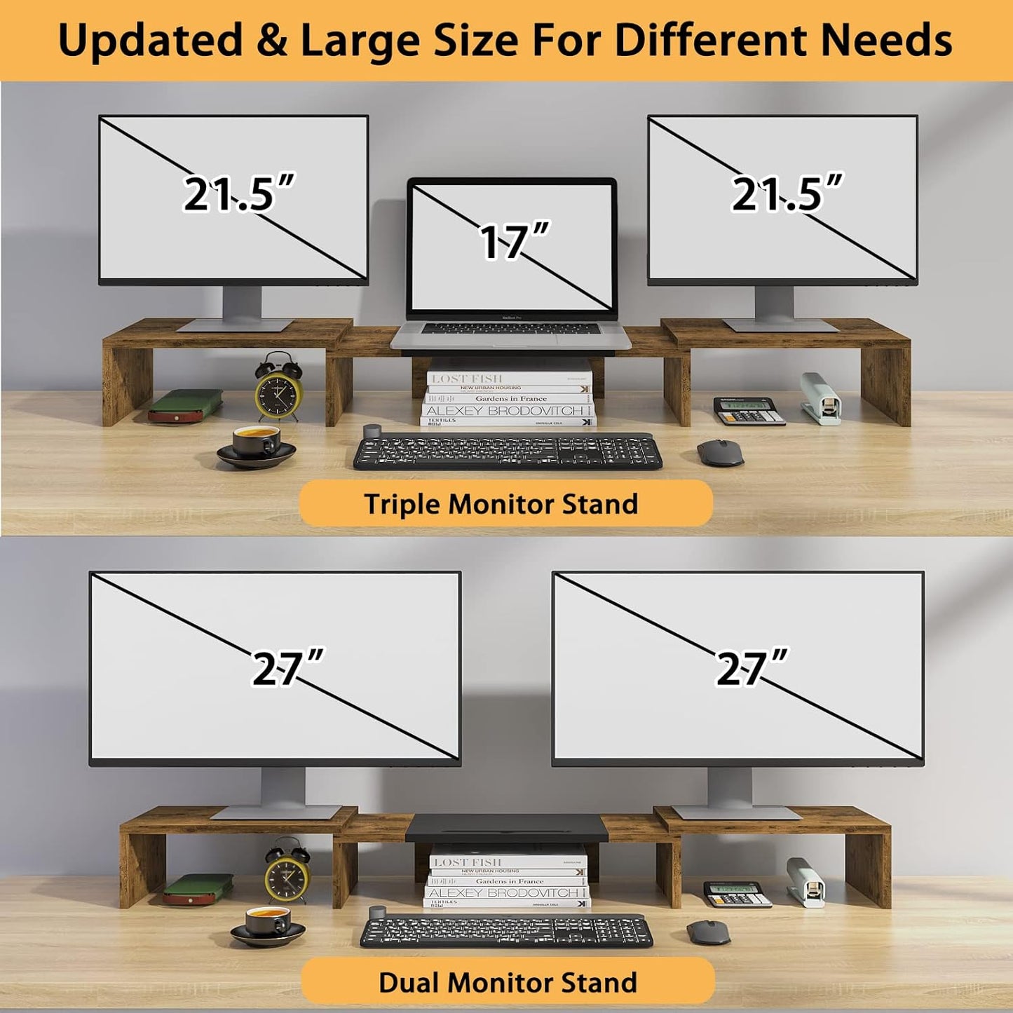 1~2~3 3 WESTREE Triple Dual Monitor Stand Riser, Extra Long Monitor Stand for Monitors, Monitor Stand with Length