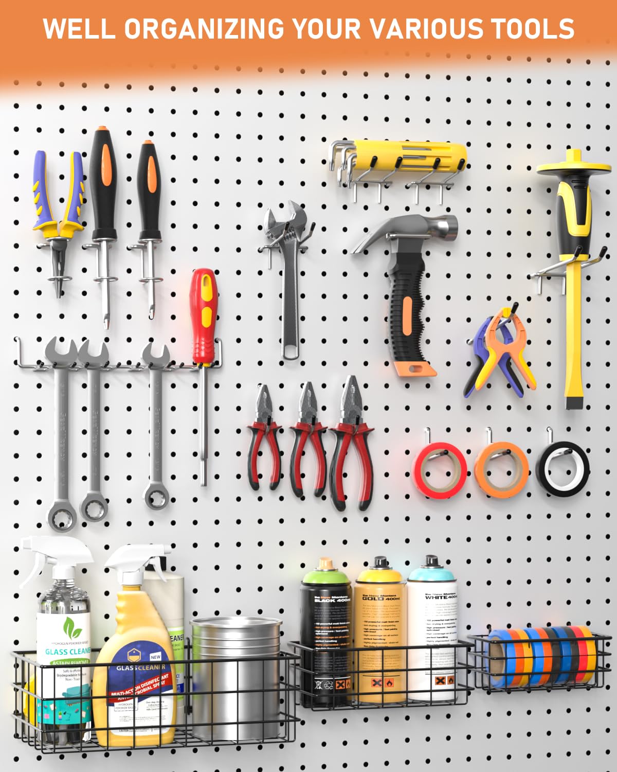 INCLY 1/4“ Extra Thick Pegboard Accessories Kit, 100PCS Heavy Duty Metal Peg Board Hook Assortment with 3 Sizes Basket S/M/L Fit 1/4 Inch Pegboard for Garage Wall Organizer Hanging Tools