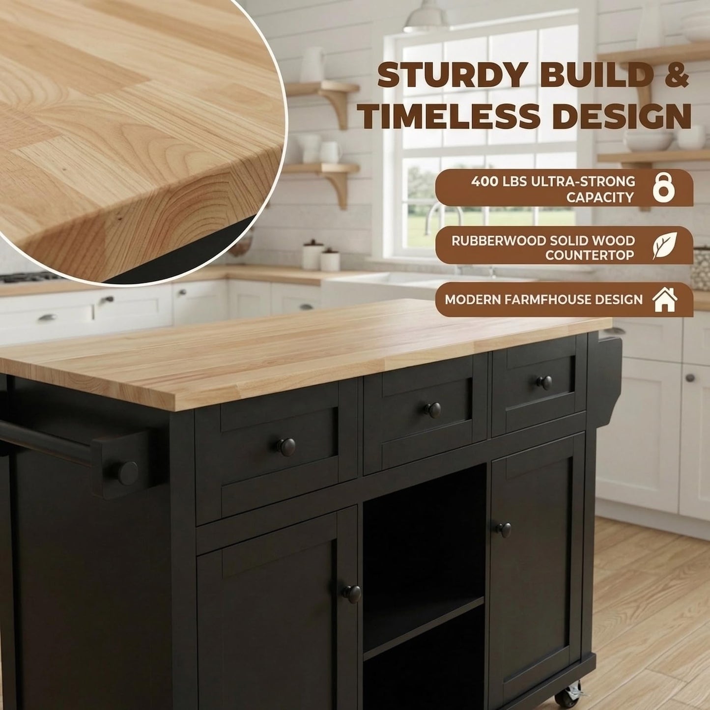 Waully 53'' Mobile Kitchen Island with Seating, Rolling Kitchen Island with Storage and Drop Leaf, 3 Drawers Islands Cart Rubberwood Top, 2 Open Shelves, Isla para Cocina, Black + 2 StooIs