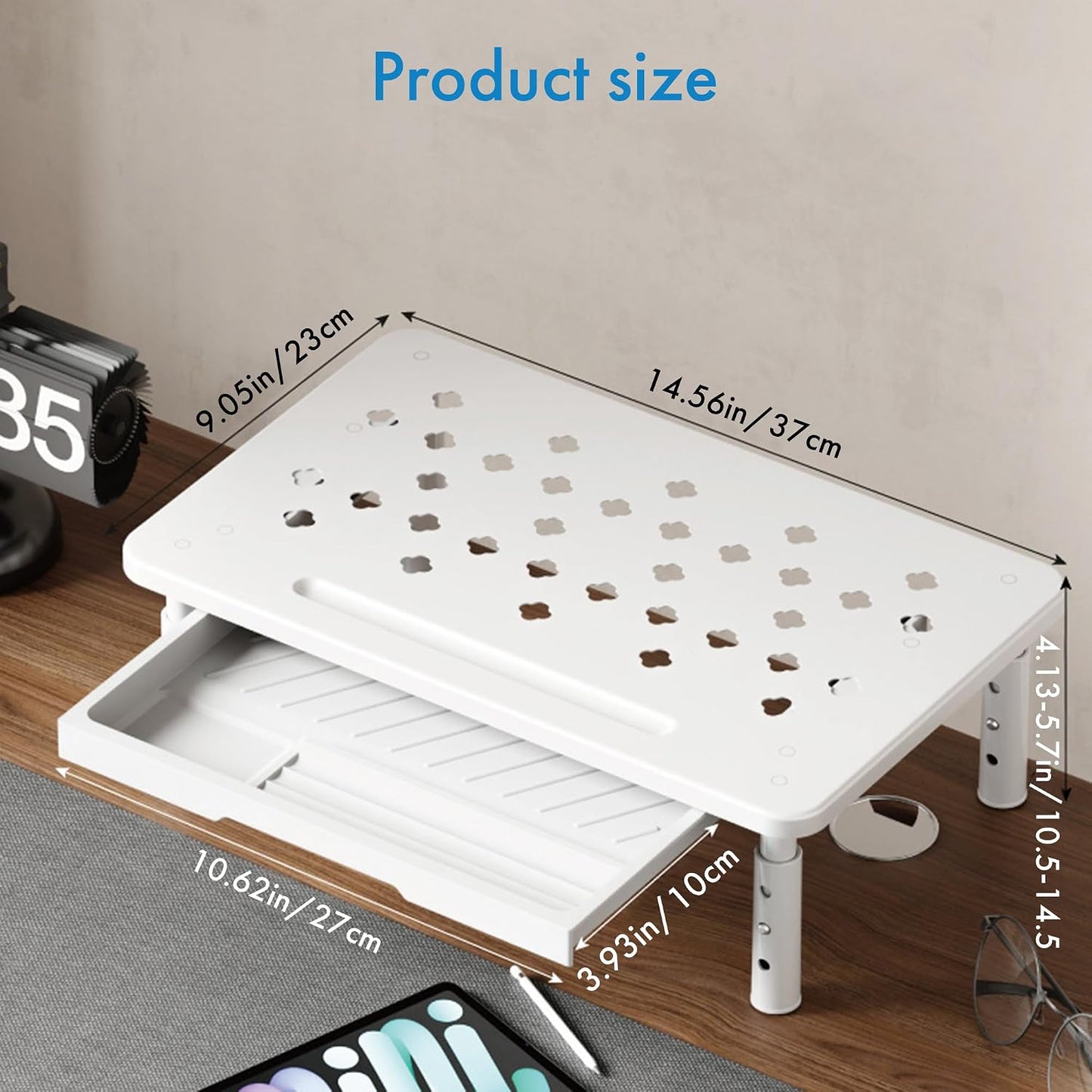Generic (10.5-14.5cm) 3 Monitor Stand Riser with Drawer - Adjustable Height Gears, Carbon Steel Desk Organizer