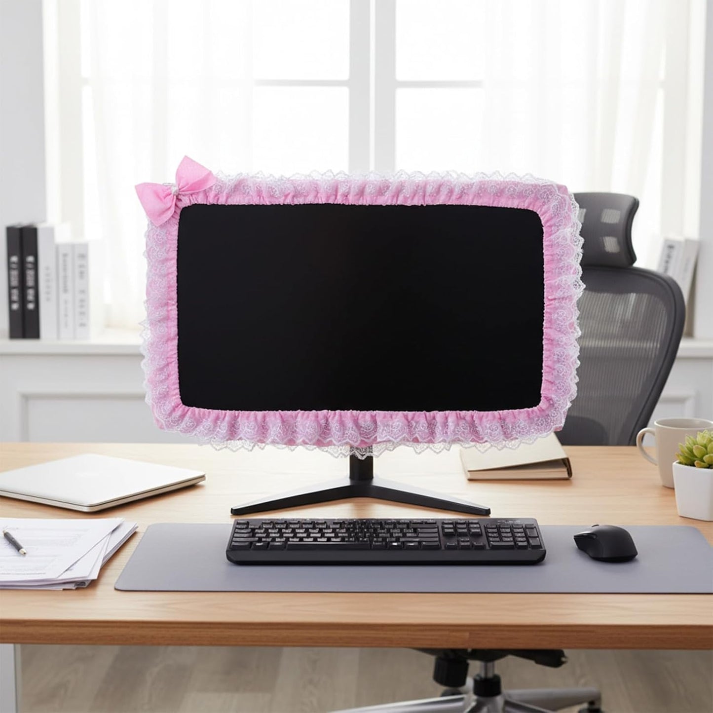 Apojgitn Cute Lace Monitor Cover, Pink Kawaii Desk Accessories for Computer Monitor Decor, Elastic Screen Dust Cover